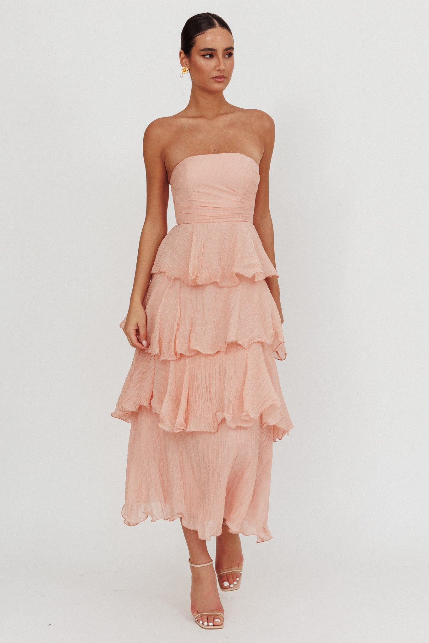 Giavana Strapless Layered Midi Dress Peach-Maymioy