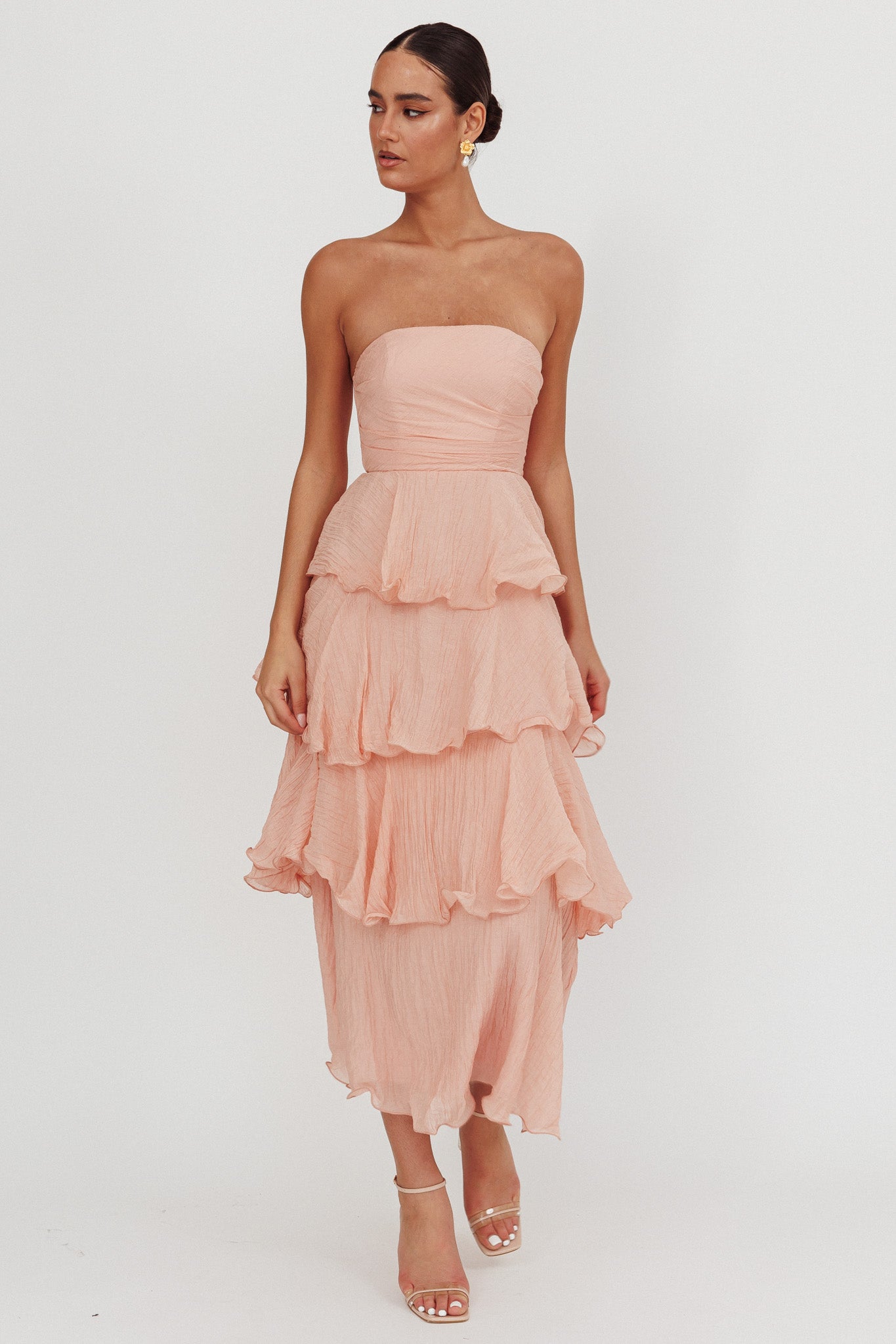 Giavana Strapless Layered Midi Dress Peach-Maymioy