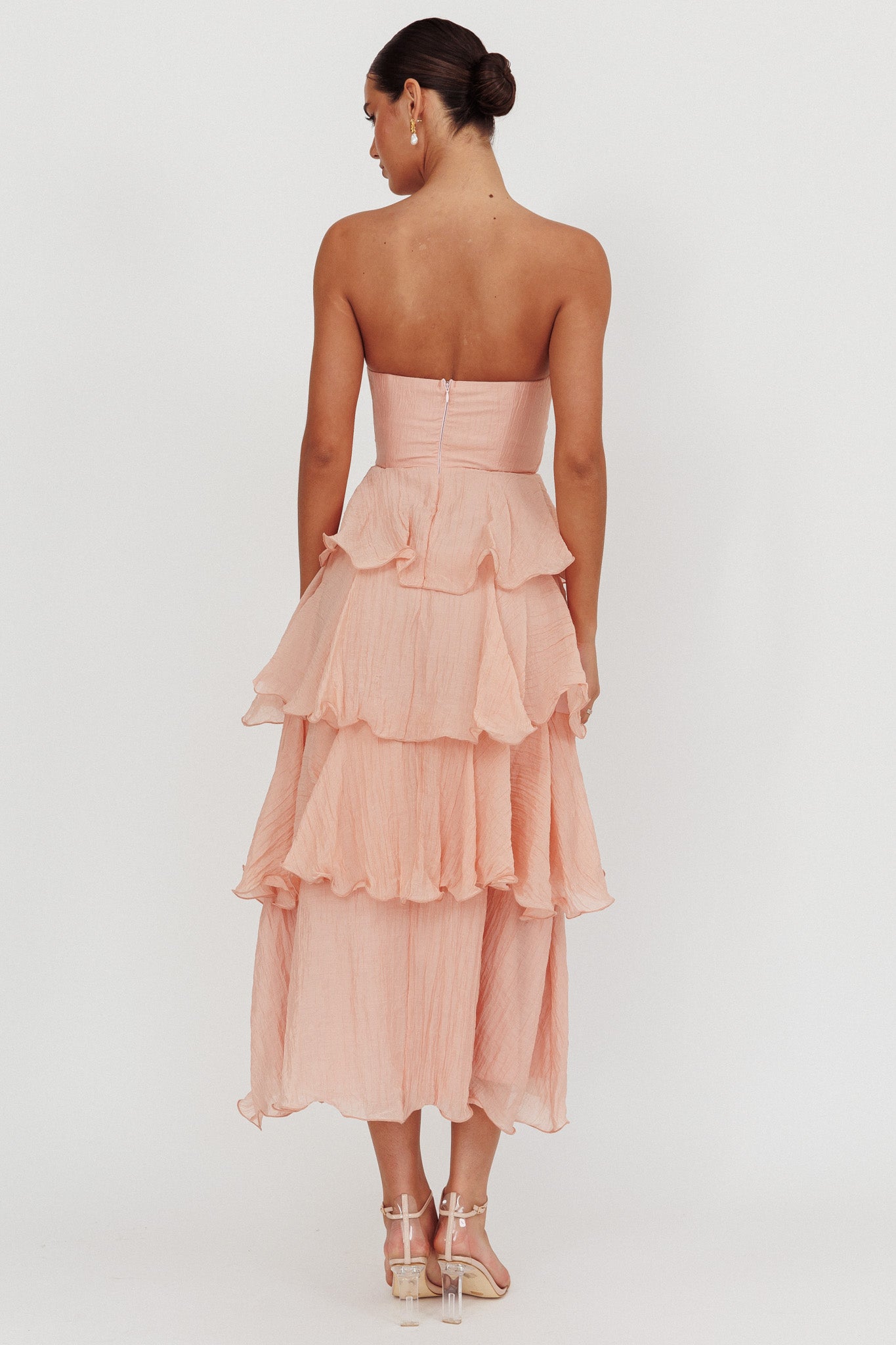 Giavana Strapless Layered Midi Dress Peach-Maymioy