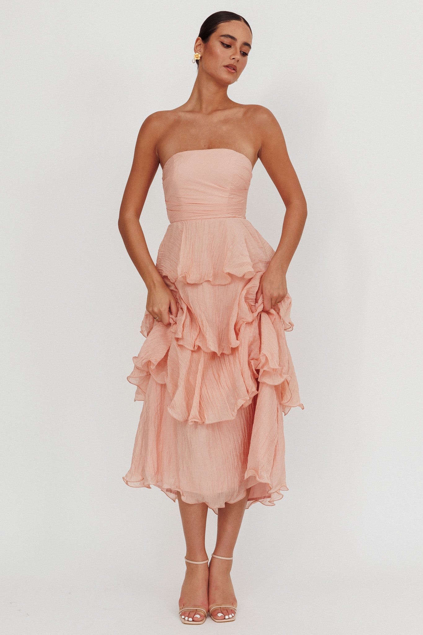 Giavana Strapless Layered Midi Dress Peach-Maymioy