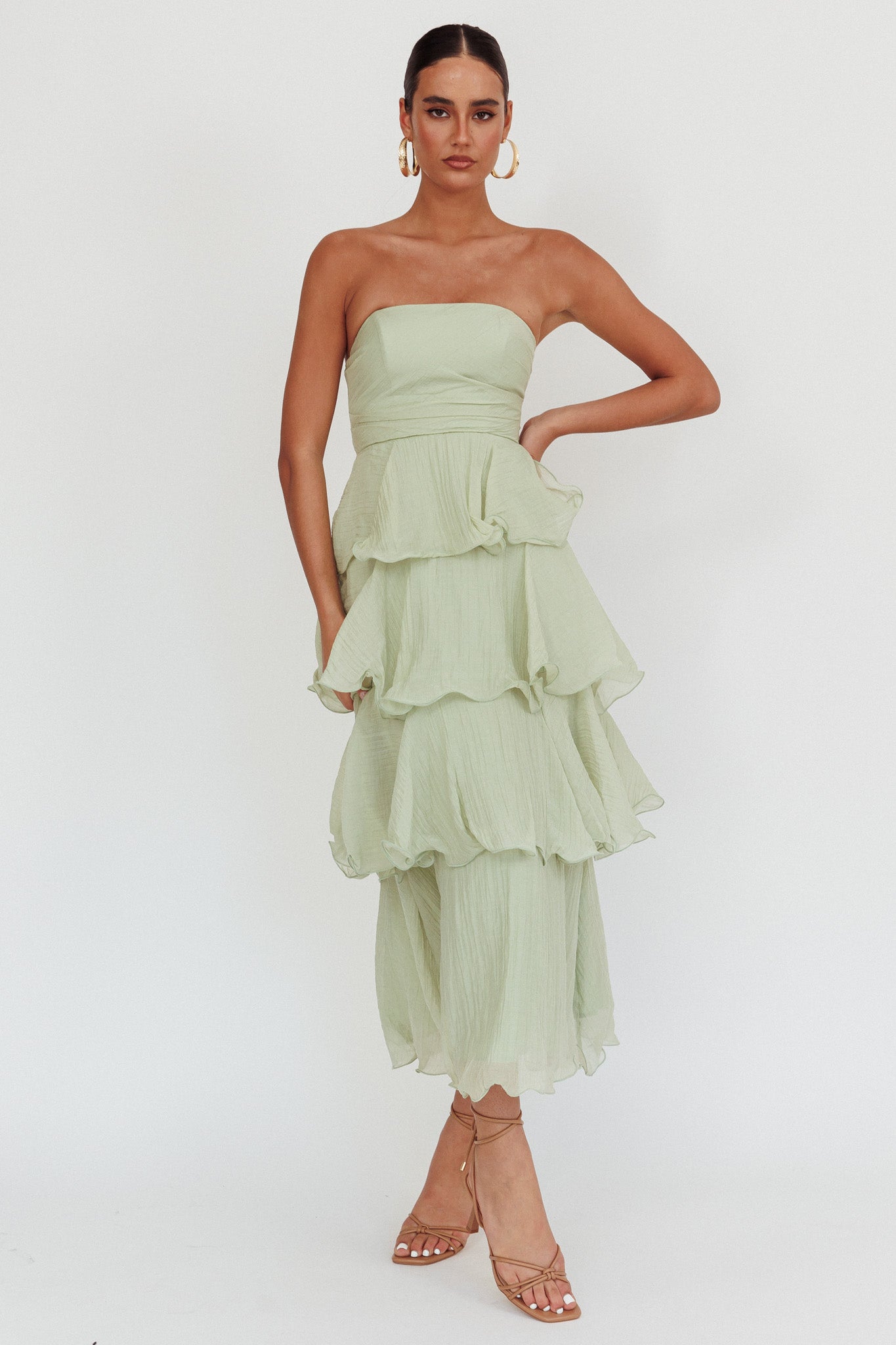 Giavana Strapless Layered Midi Dress Sage-Maymioy