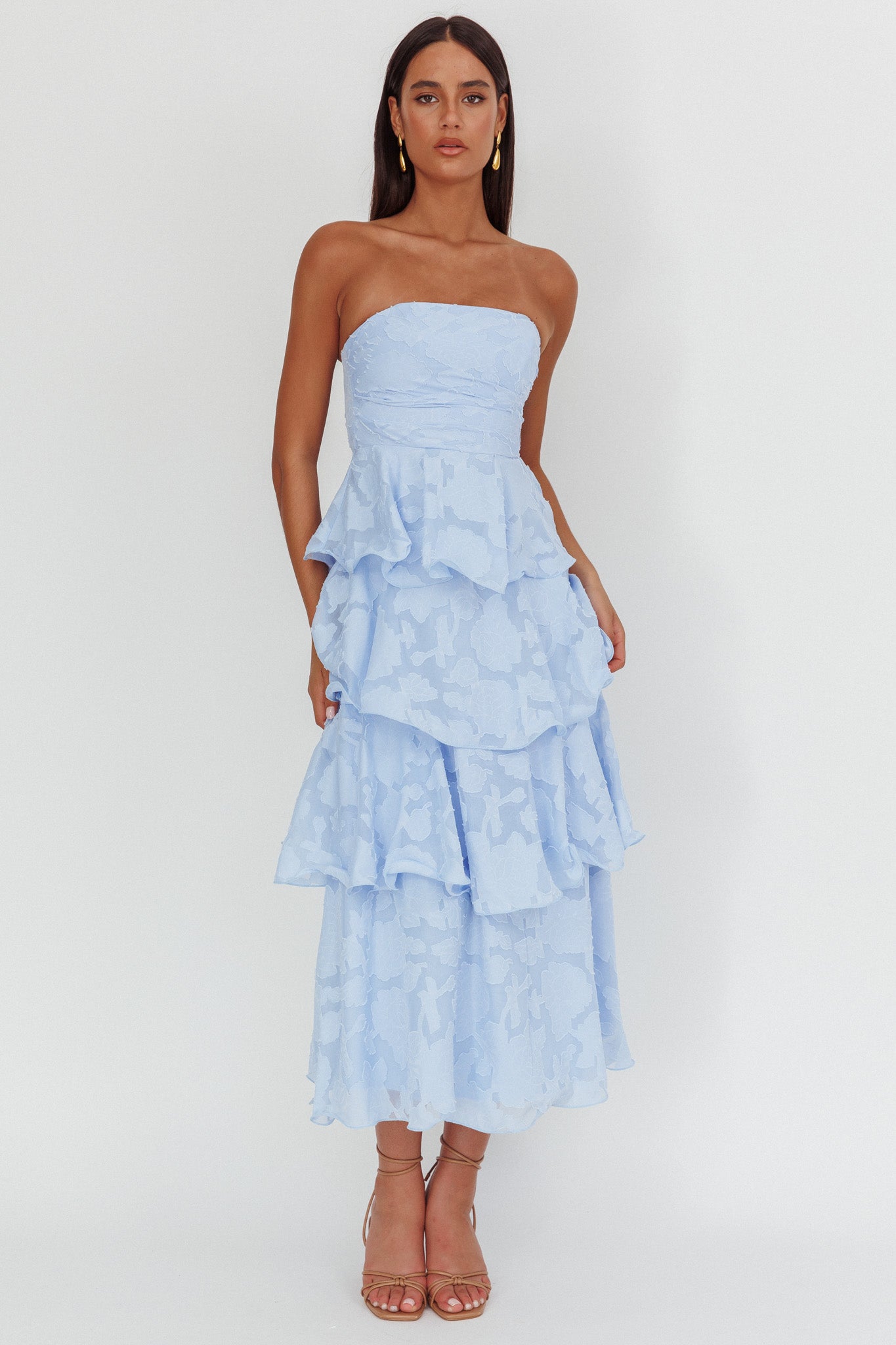 Giavana Strapless Layered Midi Dress Floral Embossed Blue-Maymioy