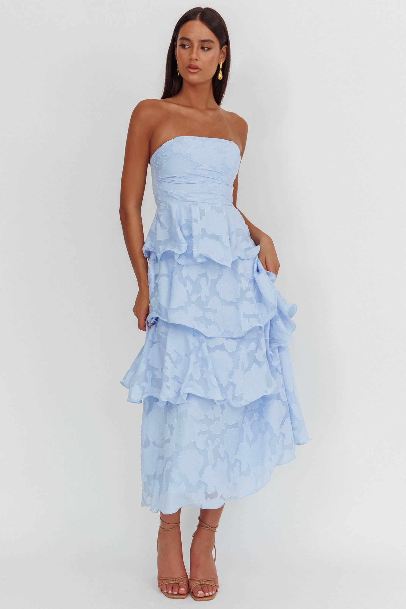 Giavana Strapless Layered Midi Dress Floral Embossed Blue-Maymioy