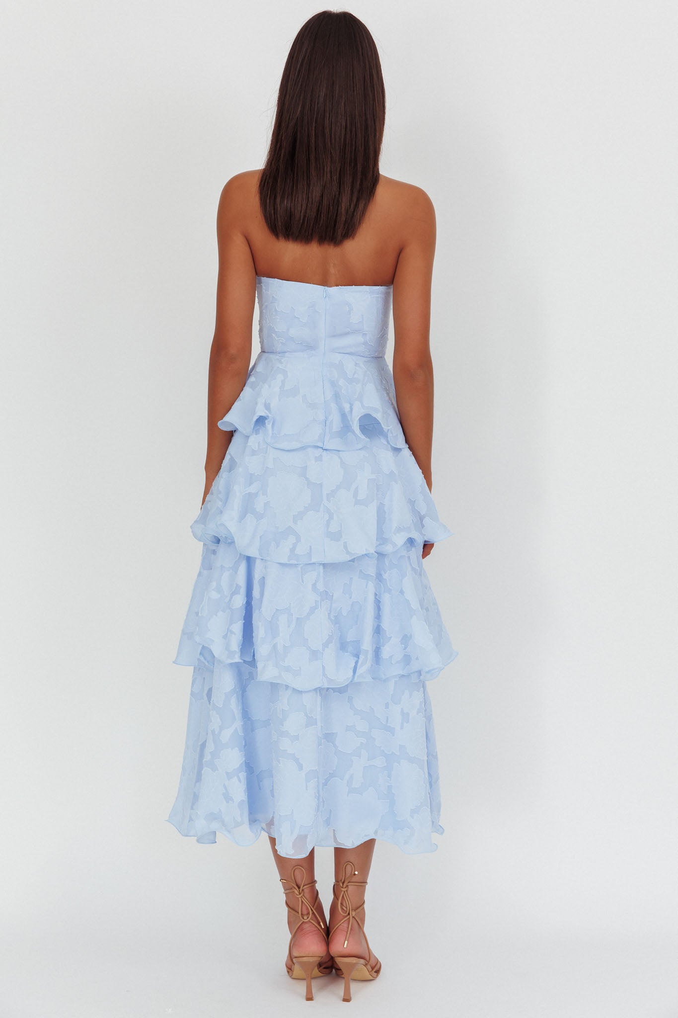 Giavana Strapless Layered Midi Dress Floral Embossed Blue-Maymioy