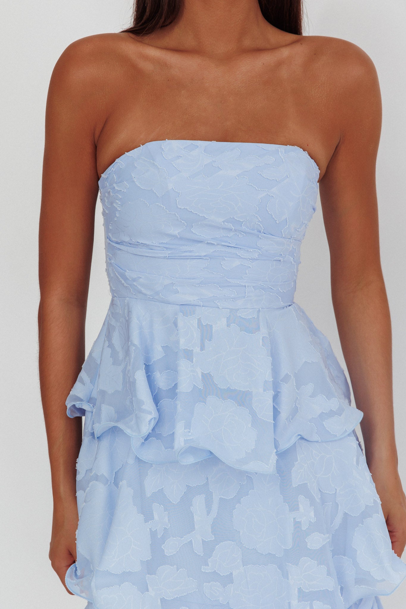Giavana Strapless Layered Midi Dress Floral Embossed Blue-Maymioy