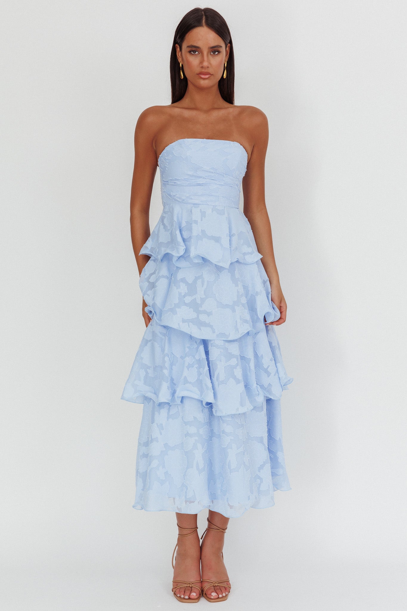 Giavana Strapless Layered Midi Dress Floral Embossed Blue-Maymioy