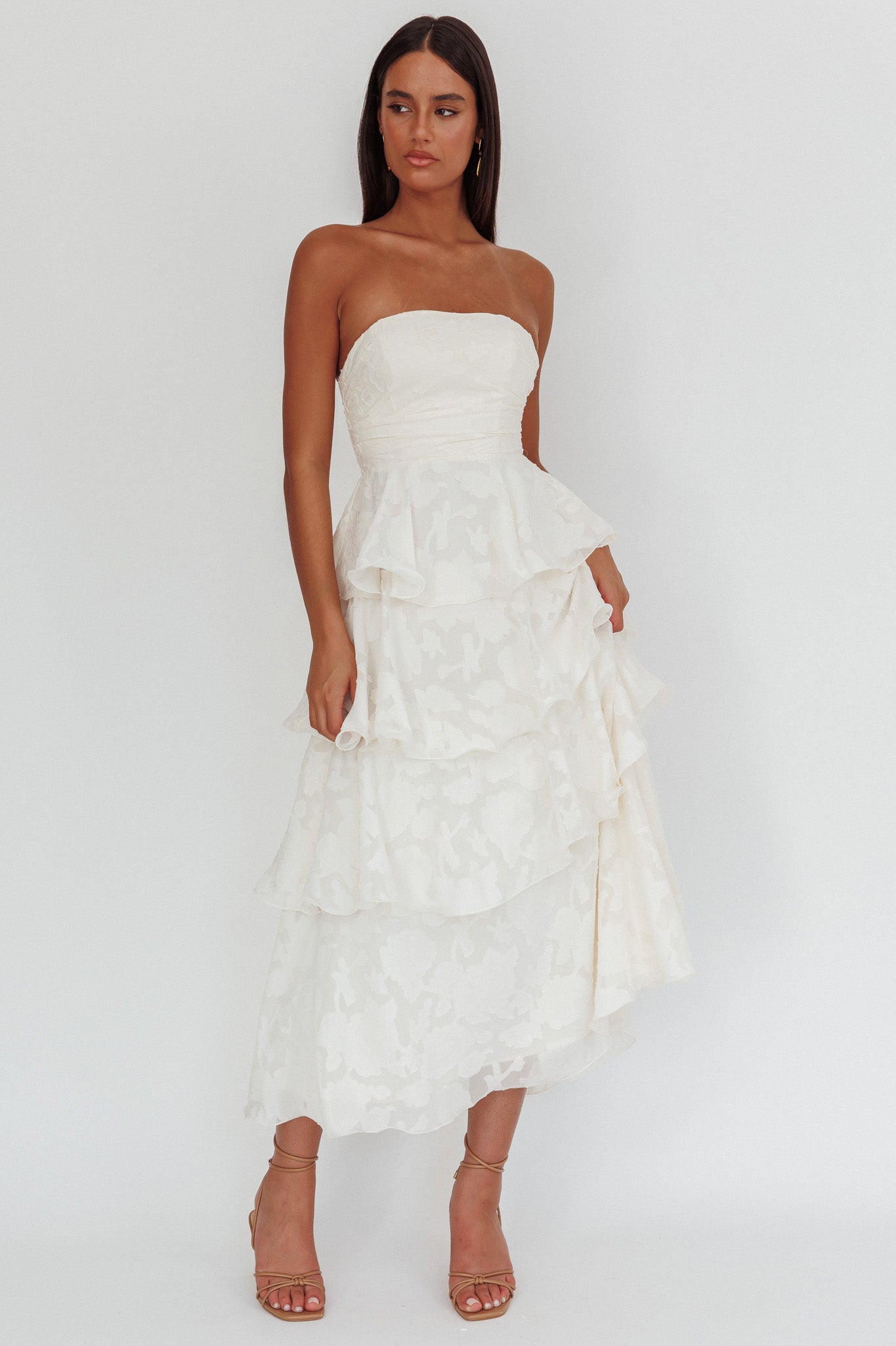 Giavana Strapless Layered Midi Dress Floral Embossed Cream-Maymioy