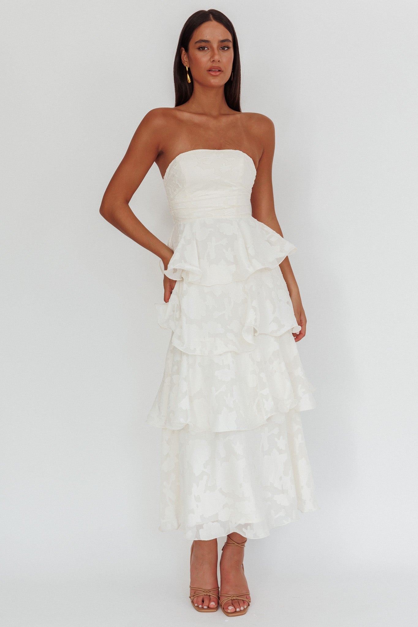 Giavana Strapless Layered Midi Dress Floral Embossed Cream-Maymioy