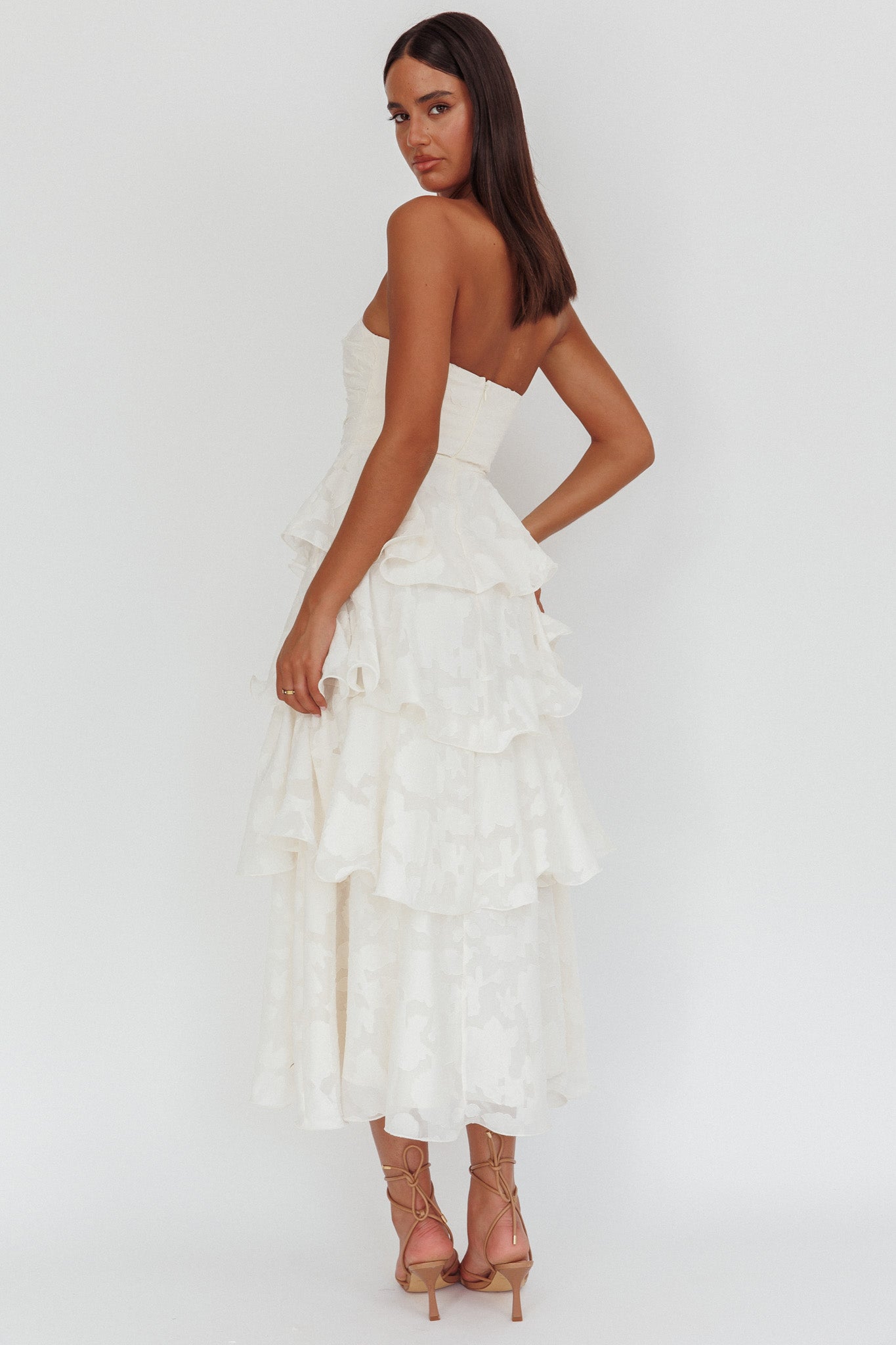 Giavana Strapless Layered Midi Dress Floral Embossed Cream-Maymioy