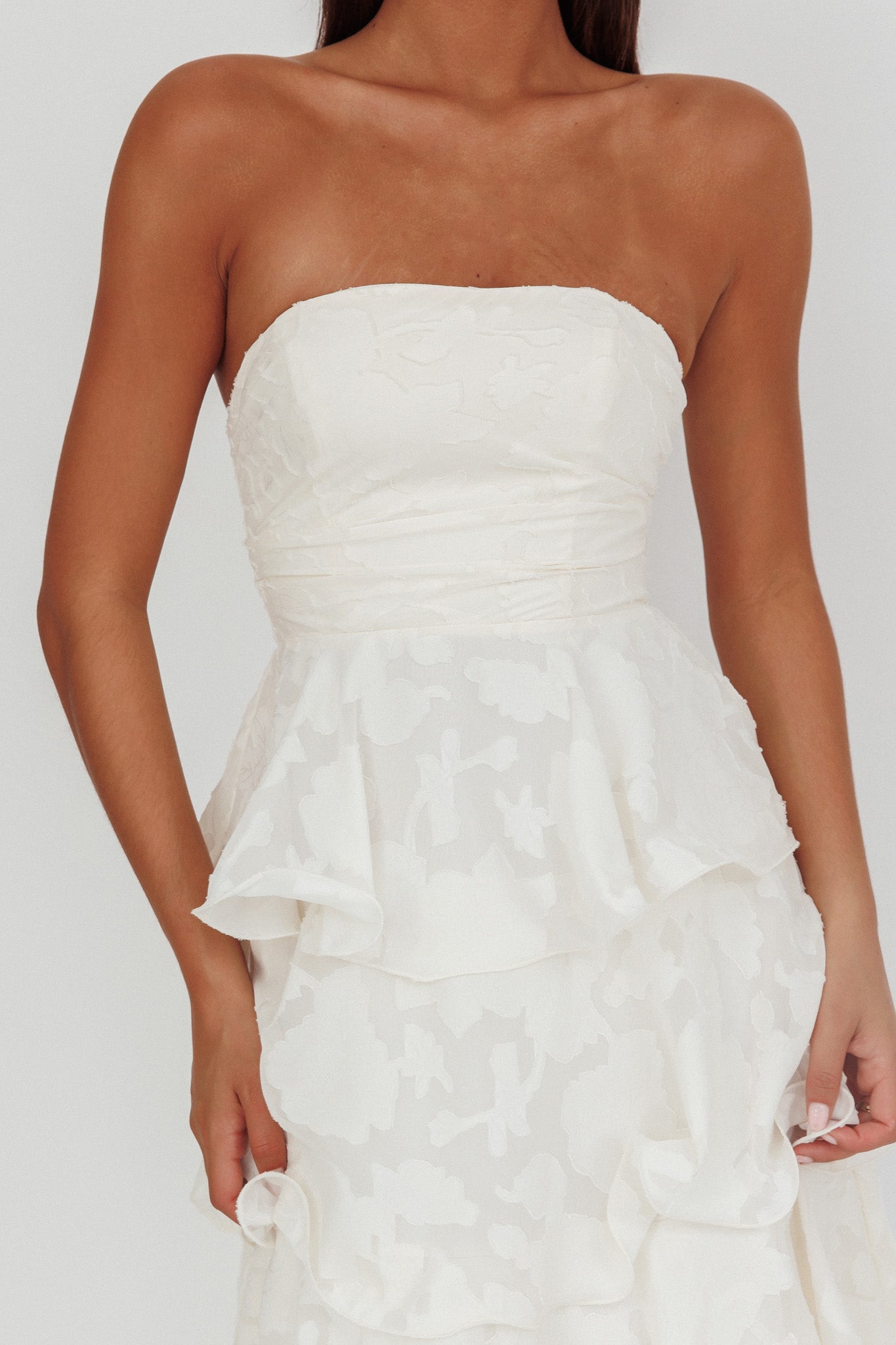Giavana Strapless Layered Midi Dress Floral Embossed Cream-Maymioy