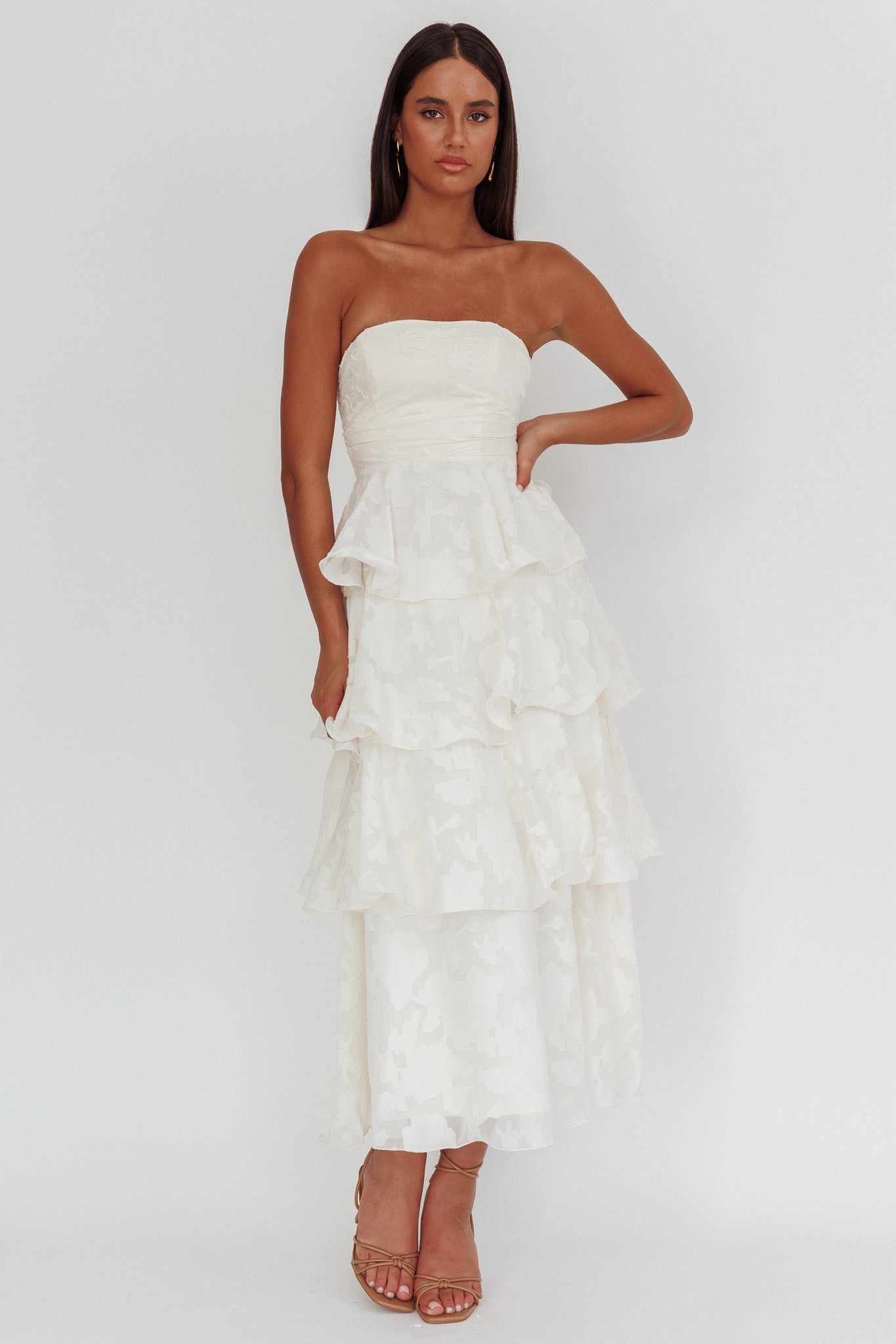 Giavana Strapless Layered Midi Dress Floral Embossed Cream-Maymioy