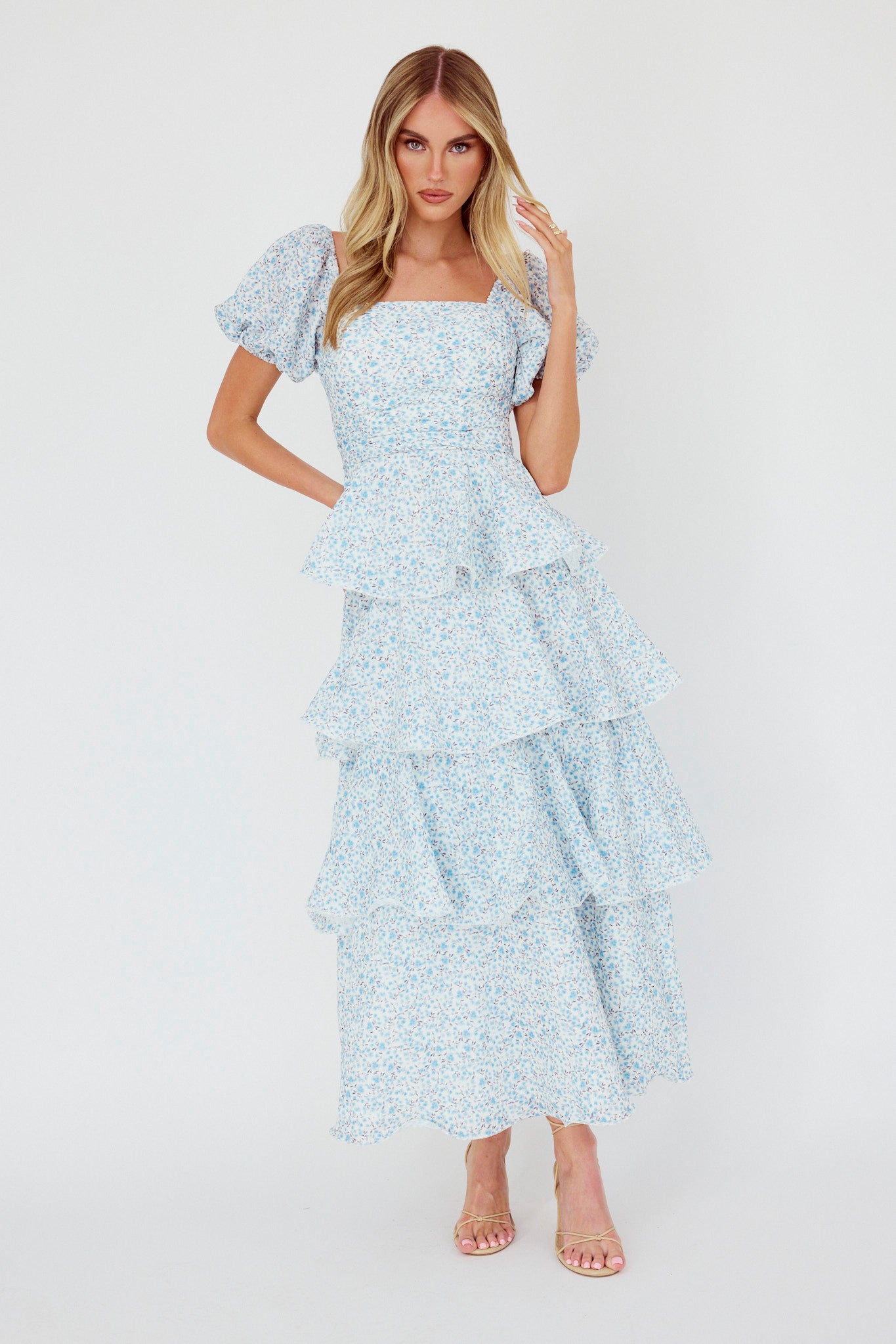 Giavana Puff Sleeve Layered Maxi Dress Floral Blue-Maymioy