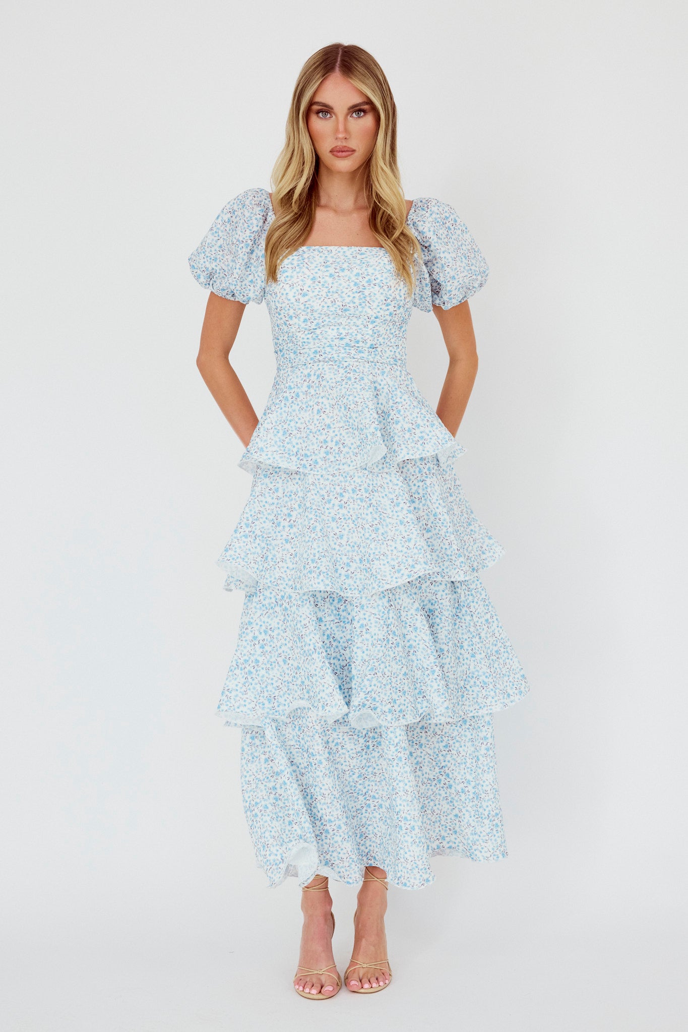Giavana Puff Sleeve Layered Maxi Dress Floral Blue-Maymioy