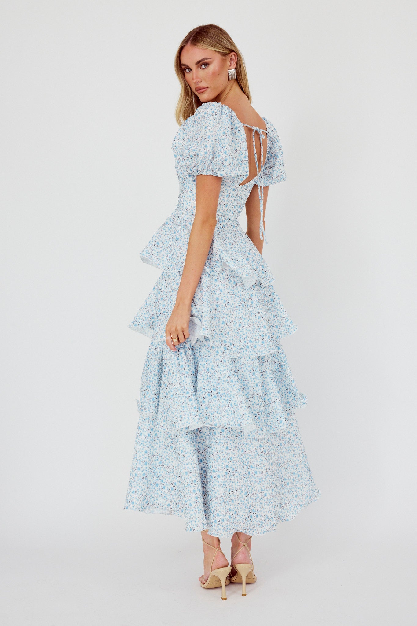 Giavana Puff Sleeve Layered Maxi Dress Floral Blue-Maymioy
