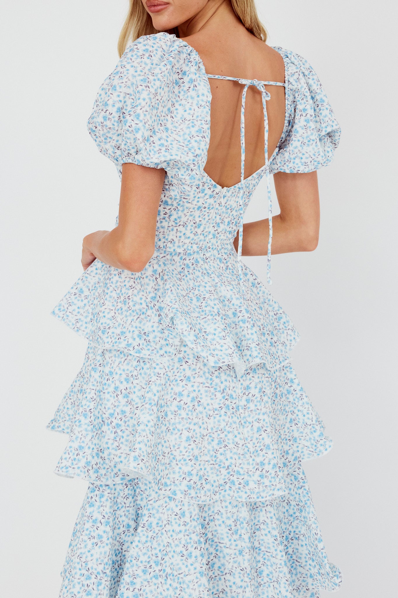 Giavana Puff Sleeve Layered Maxi Dress Floral Blue-Maymioy