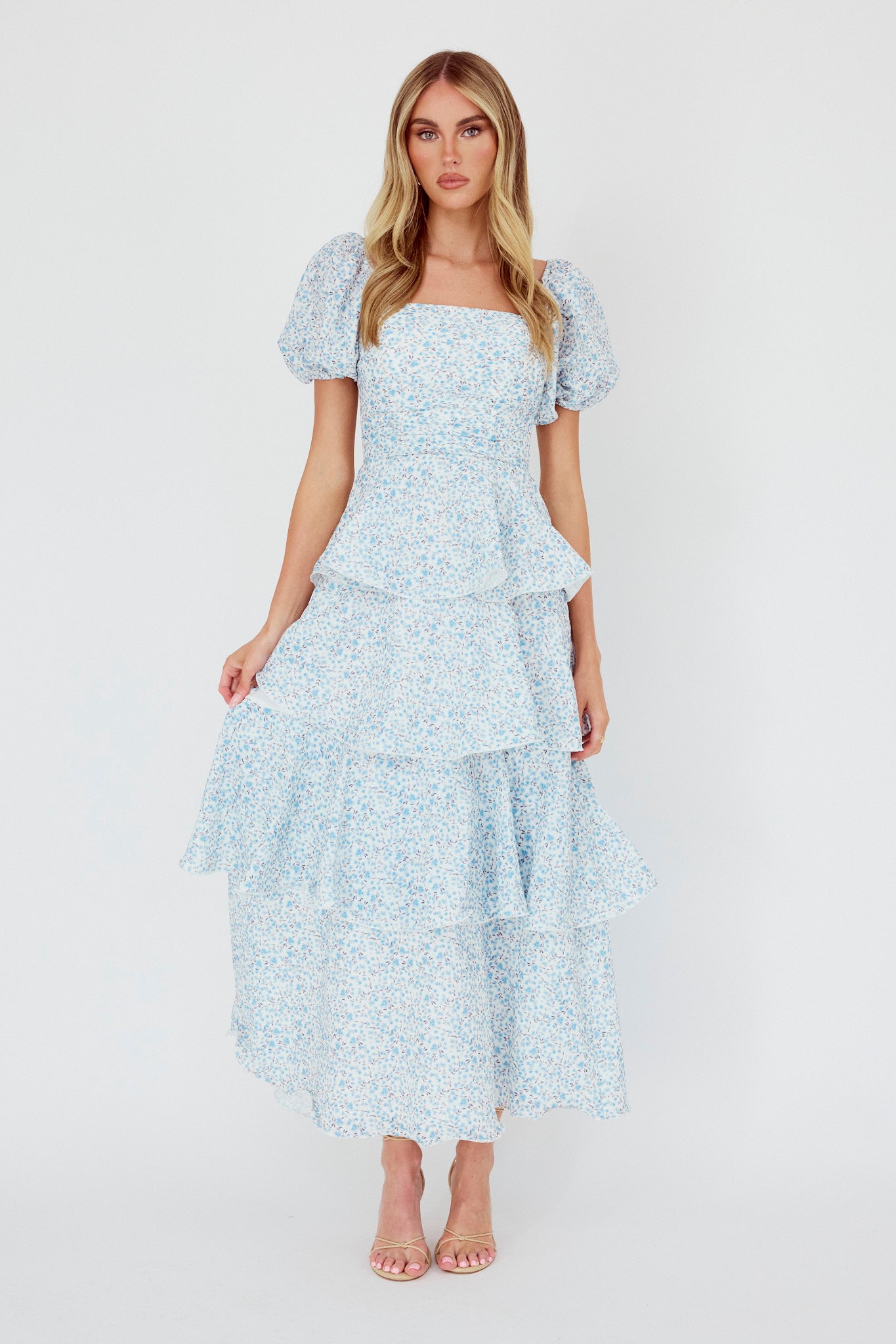 Giavana Puff Sleeve Layered Maxi Dress Floral Blue-Maymioy