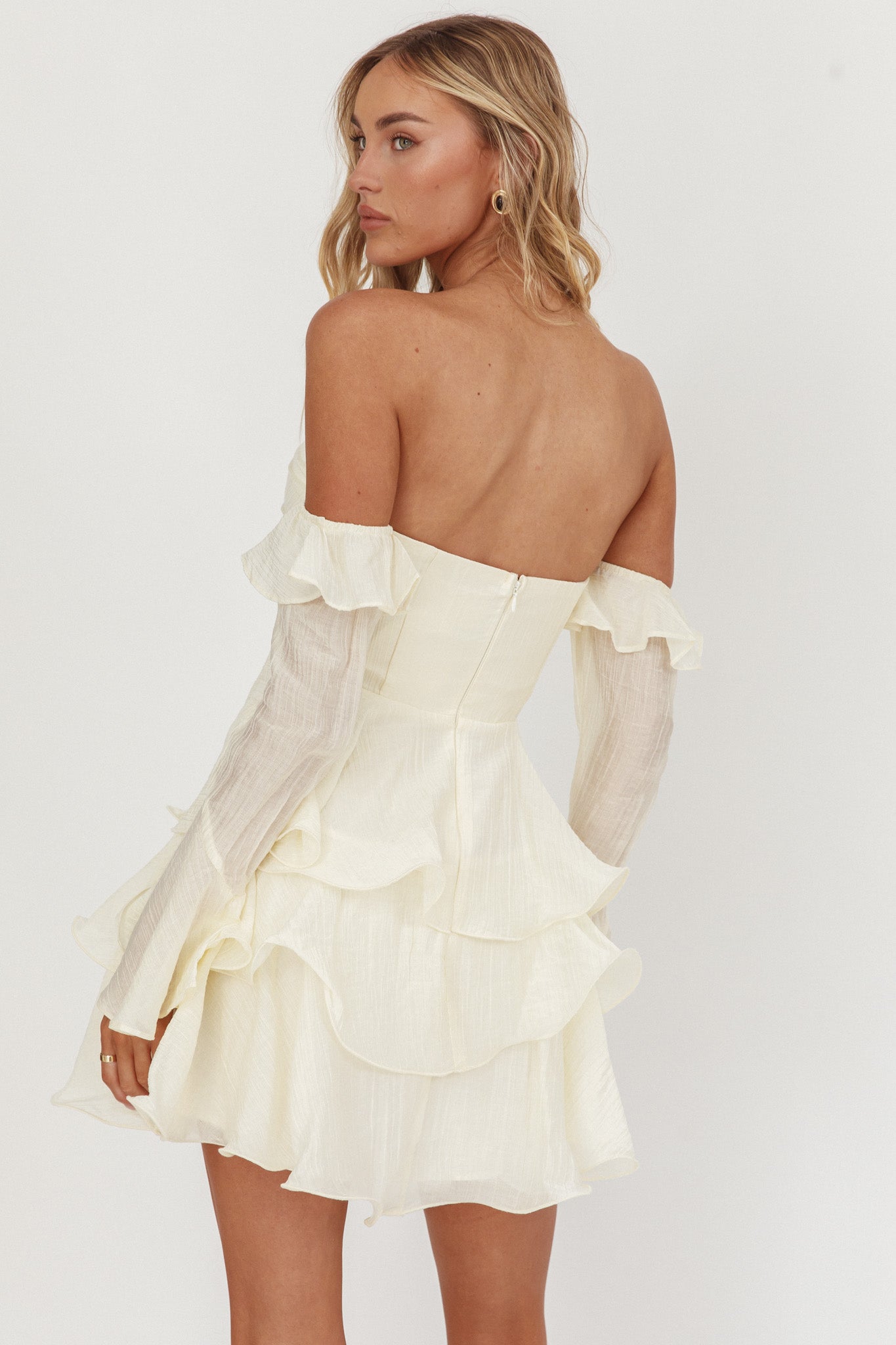 Giavana Off-Shoulder Layered Mini Dress Cream-Maymioy