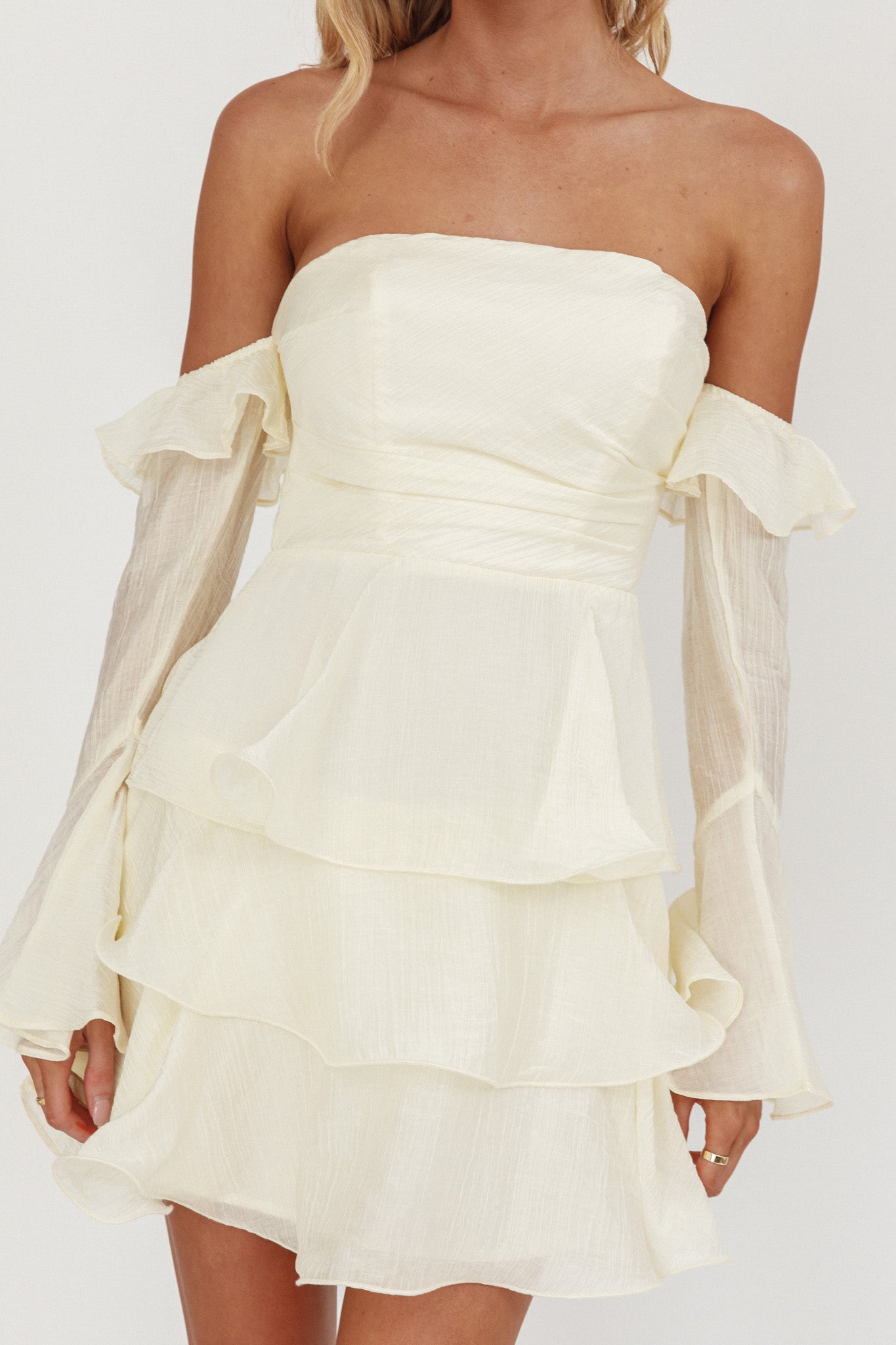 Giavana Off-Shoulder Layered Mini Dress Cream-Maymioy