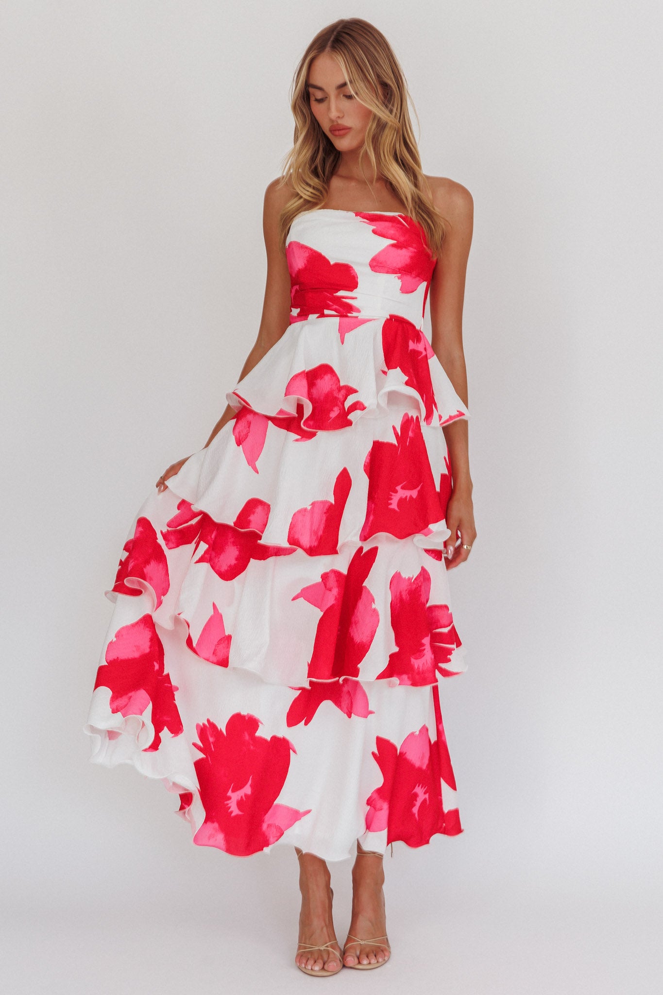 Giavana Strapless Layered Midi Dress Floral Red-Maymioy
