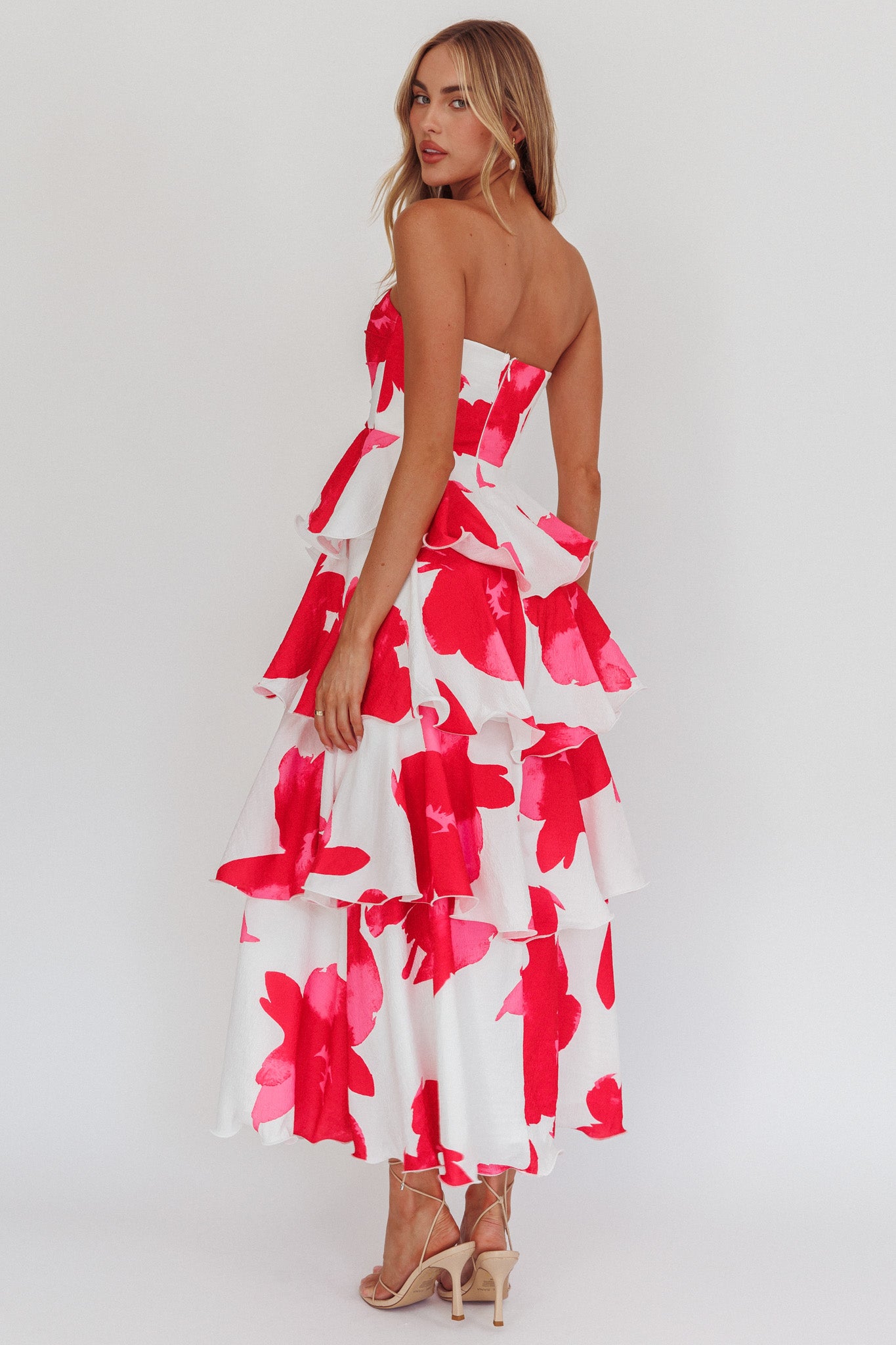 Giavana Strapless Layered Midi Dress Floral Red-Maymioy