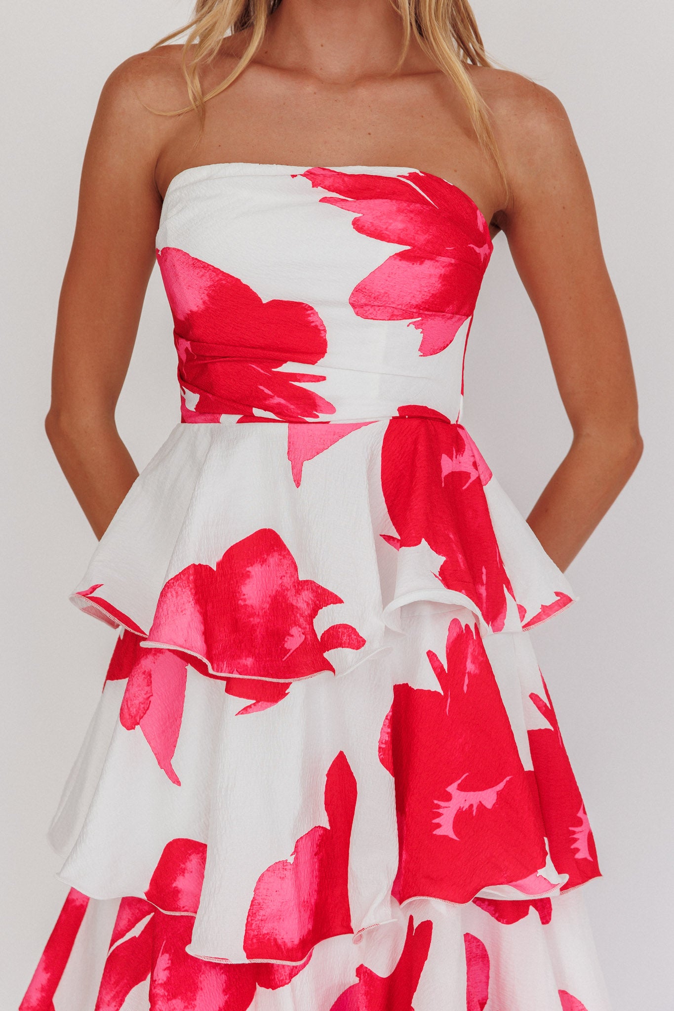 Giavana Strapless Layered Midi Dress Floral Red-Maymioy