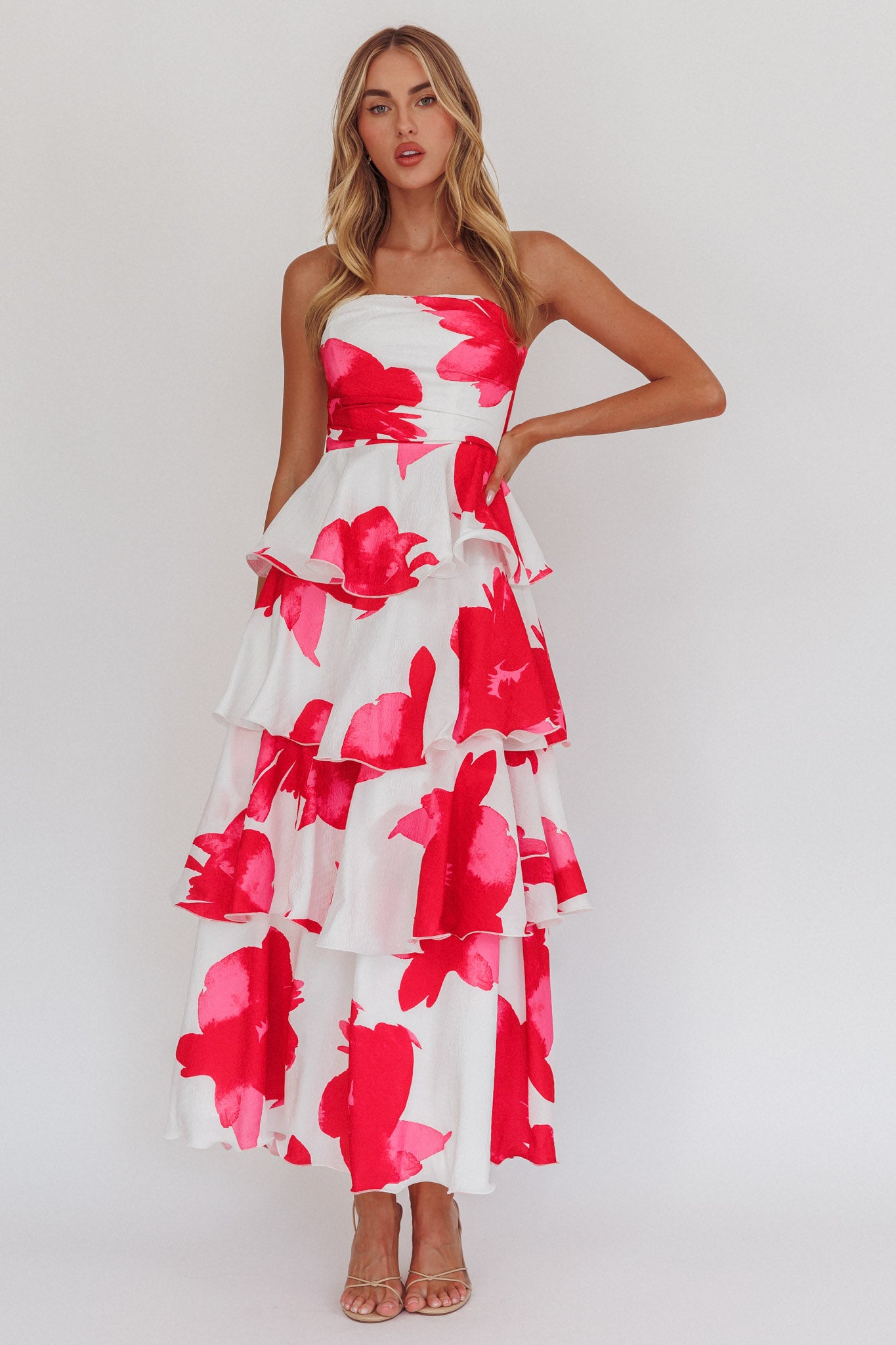 Giavana Strapless Layered Midi Dress Floral Red-Maymioy