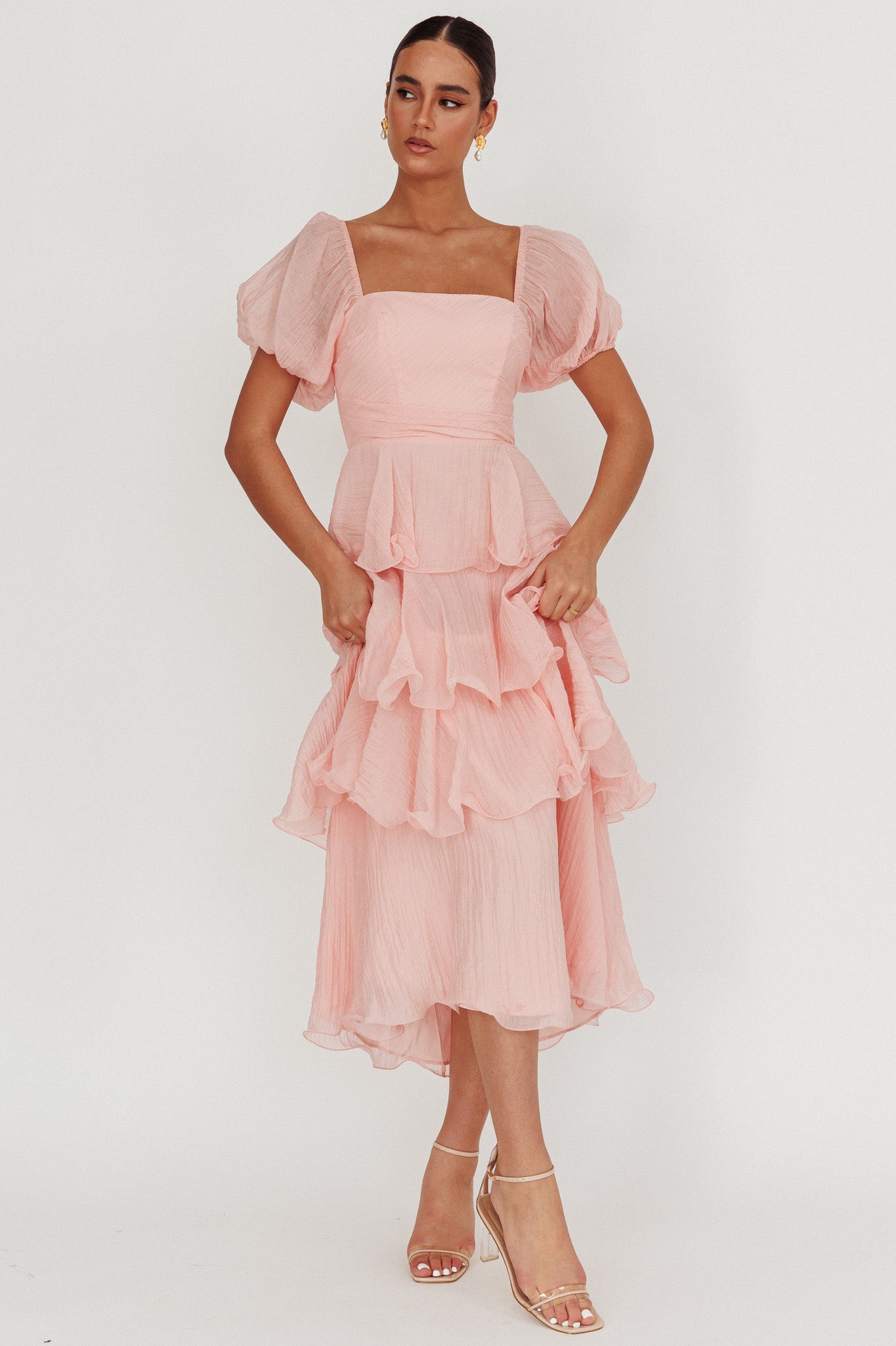 Giavana Puff Sleeve Layered Maxi Dress Baby Pink-Maymioy