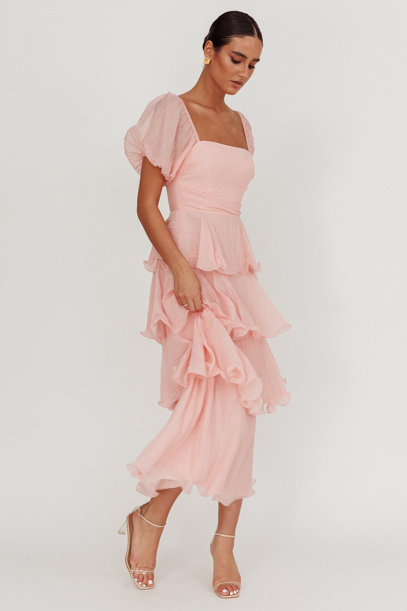 Giavana Puff Sleeve Layered Maxi Dress Baby Pink-Maymioy