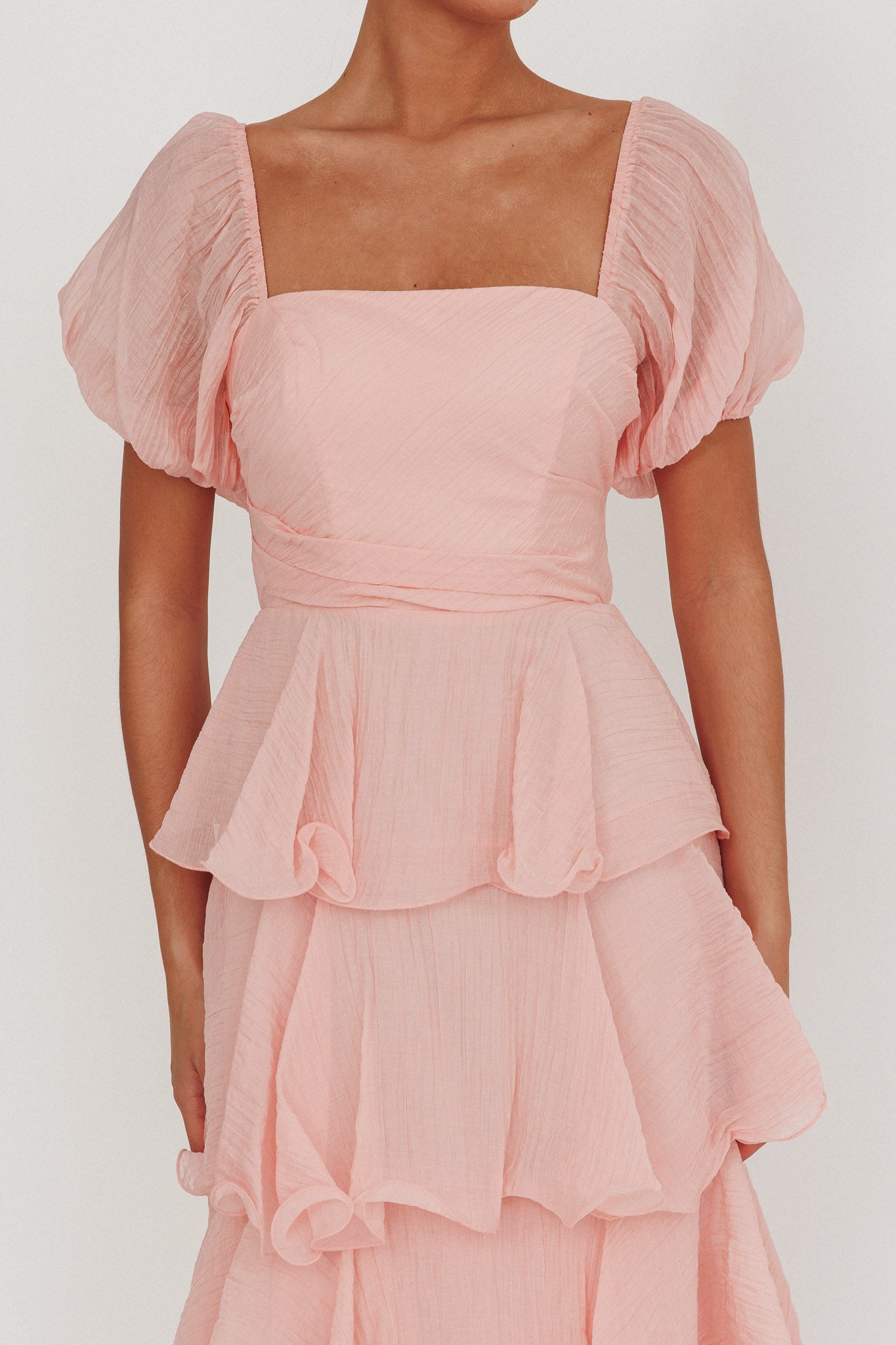 Giavana Puff Sleeve Layered Maxi Dress Baby Pink-Maymioy