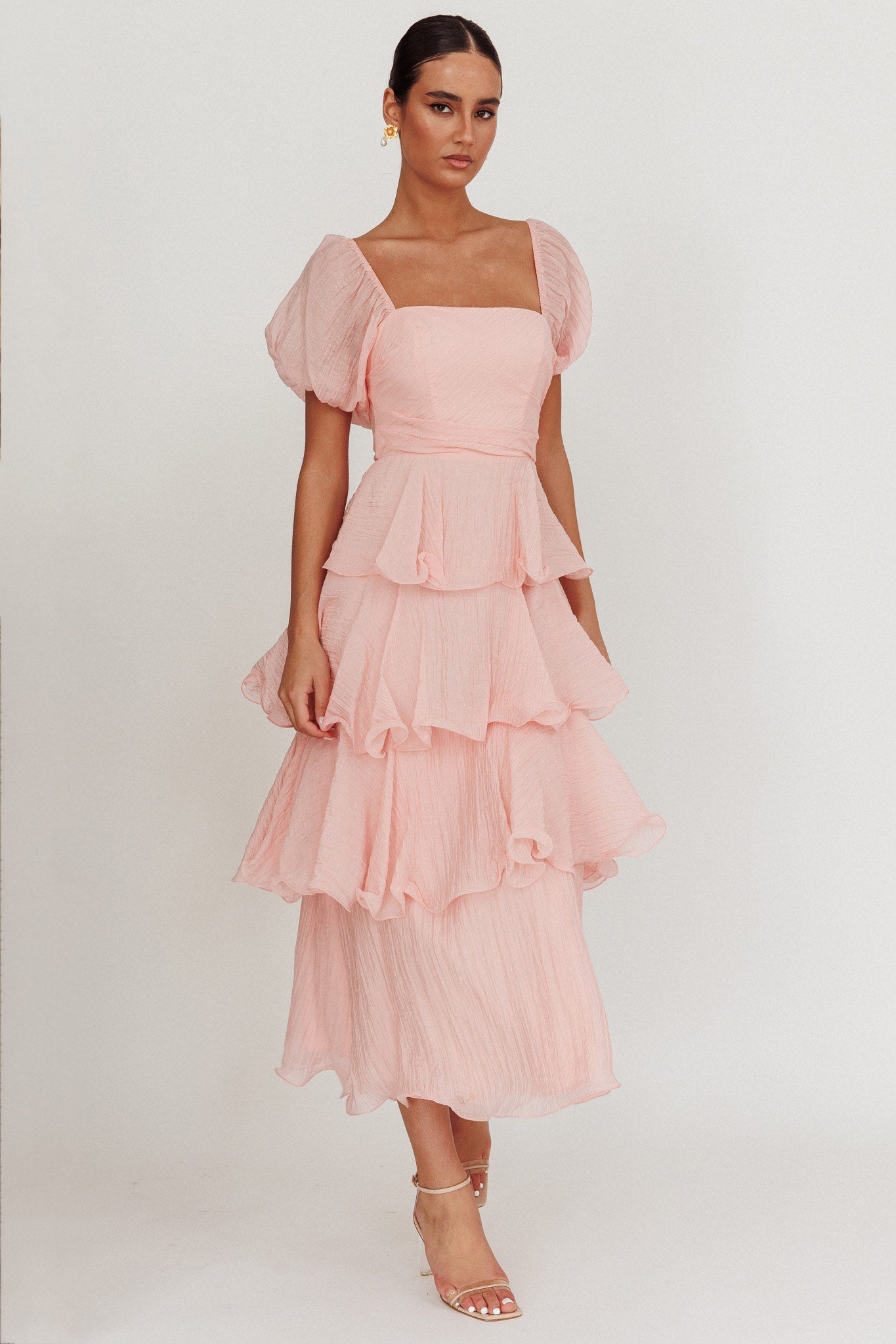 Giavana Puff Sleeve Layered Maxi Dress Baby Pink-Maymioy