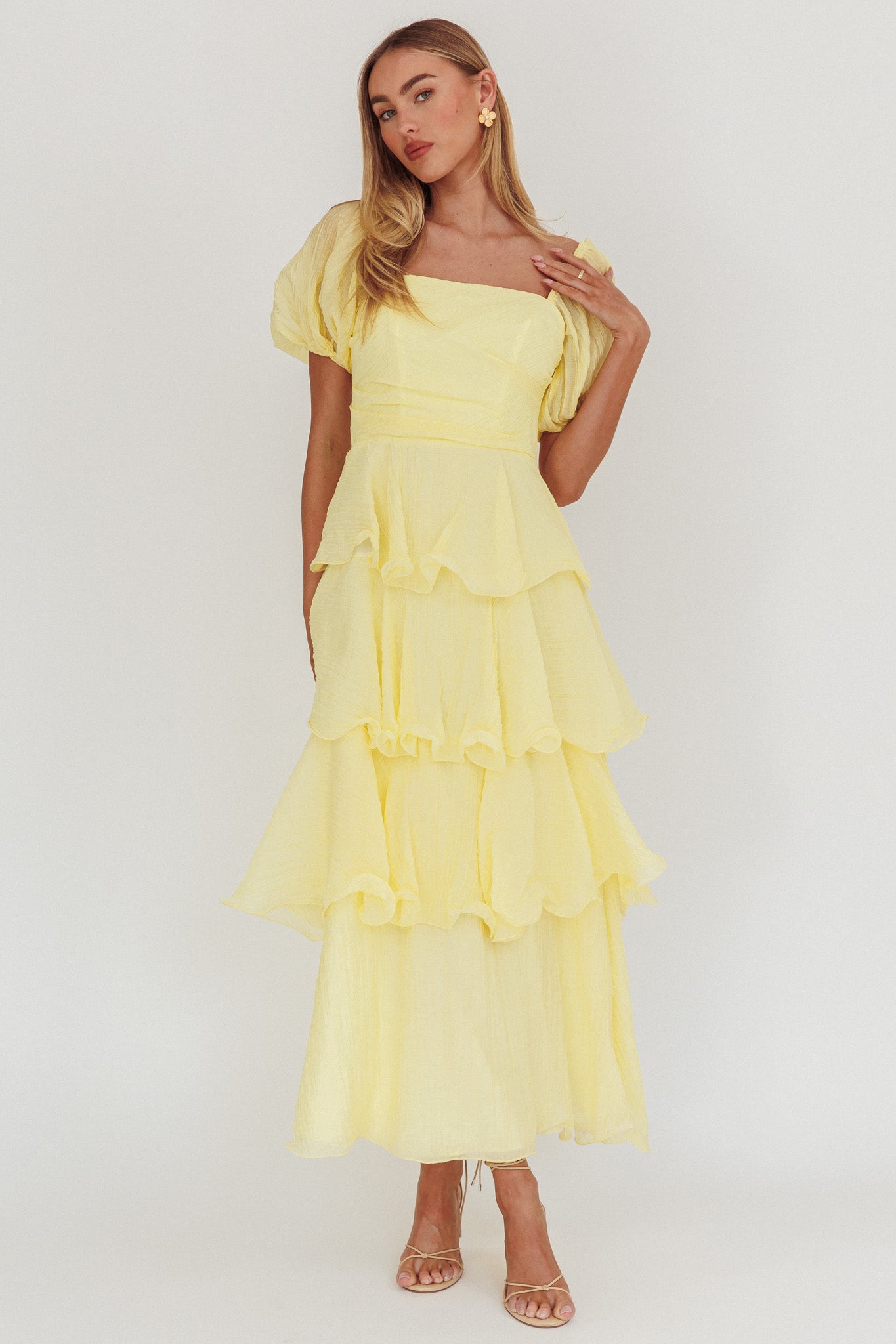 Giavana Puff Sleeve Layered Maxi Dress Lemon-Maymioy