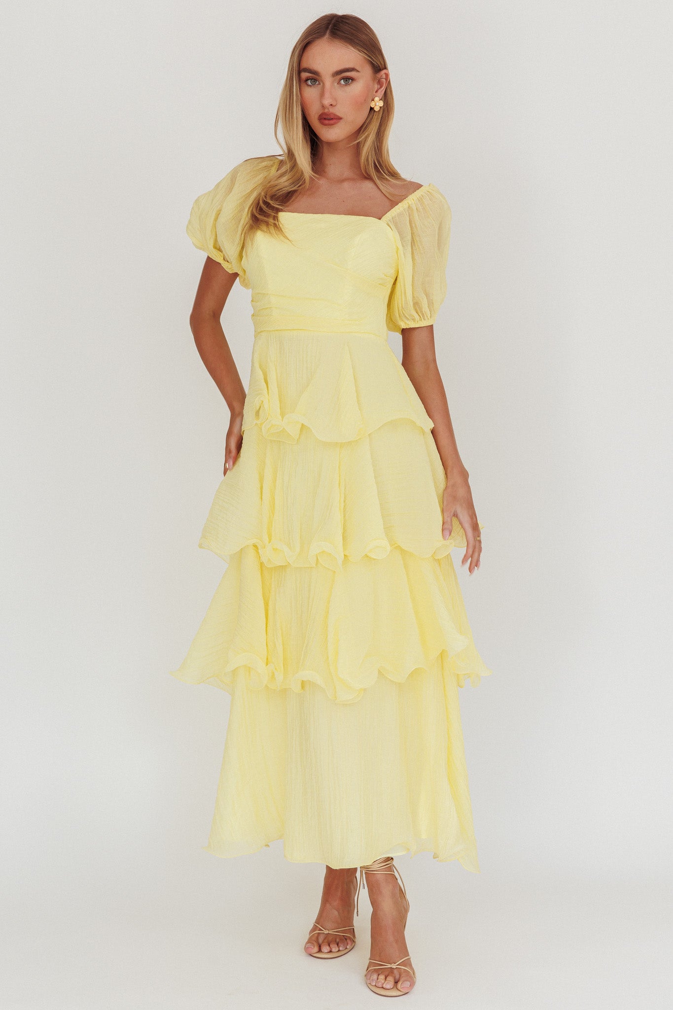 Giavana Puff Sleeve Layered Maxi Dress Lemon-Maymioy