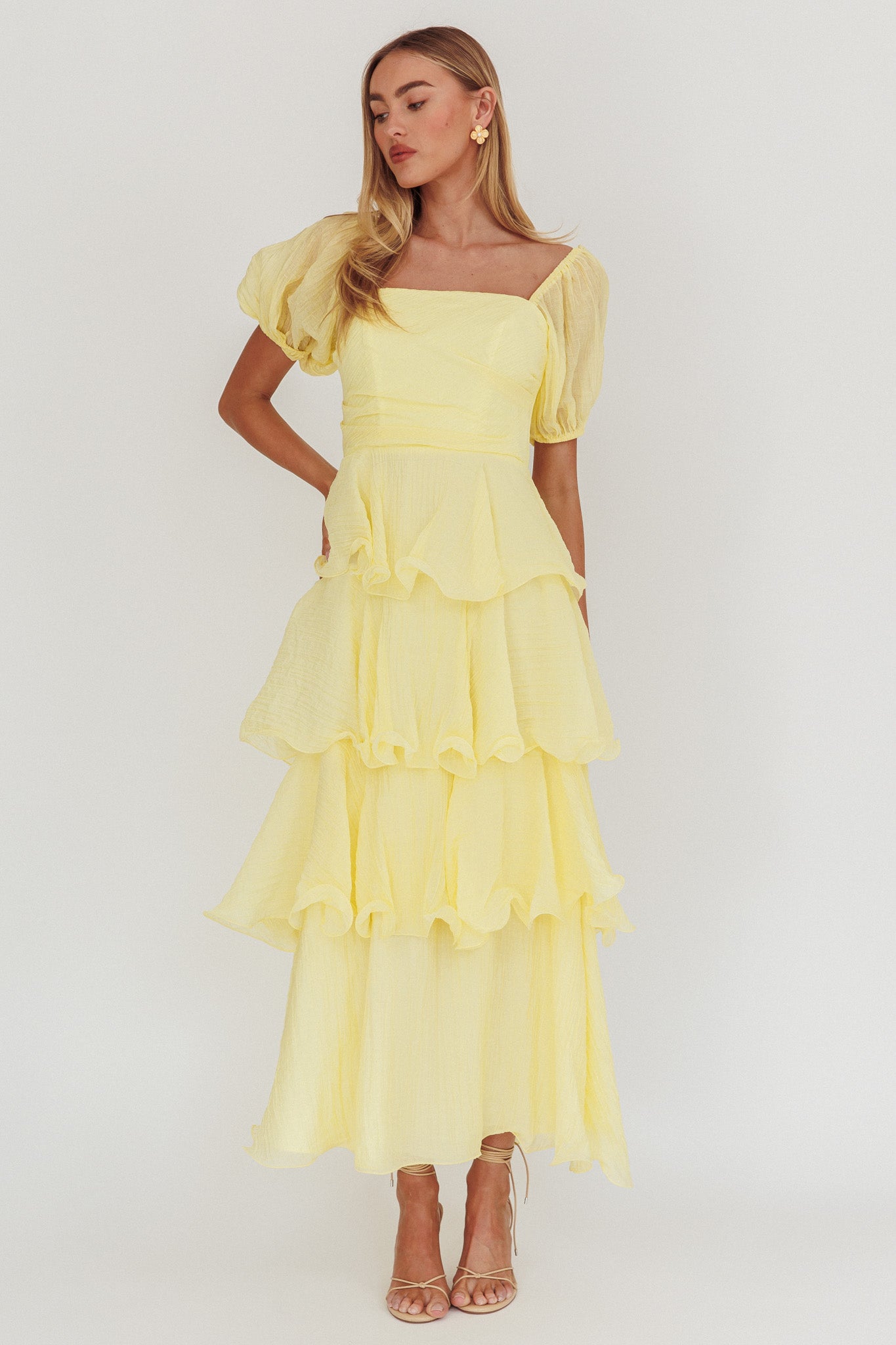 Giavana Puff Sleeve Layered Maxi Dress Lemon-Maymioy