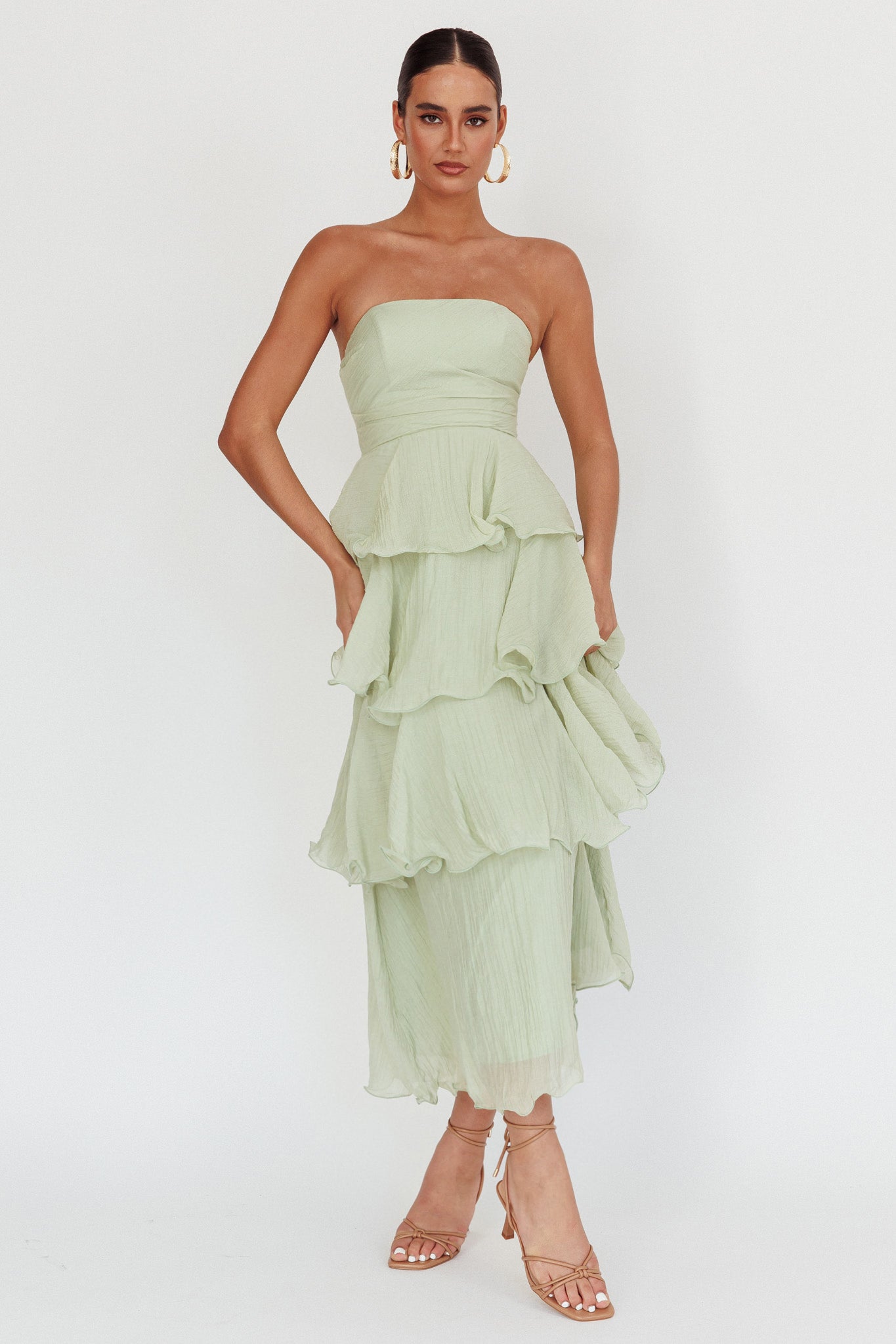 Giavana Strapless Layered Midi Dress Sage-Maymioy
