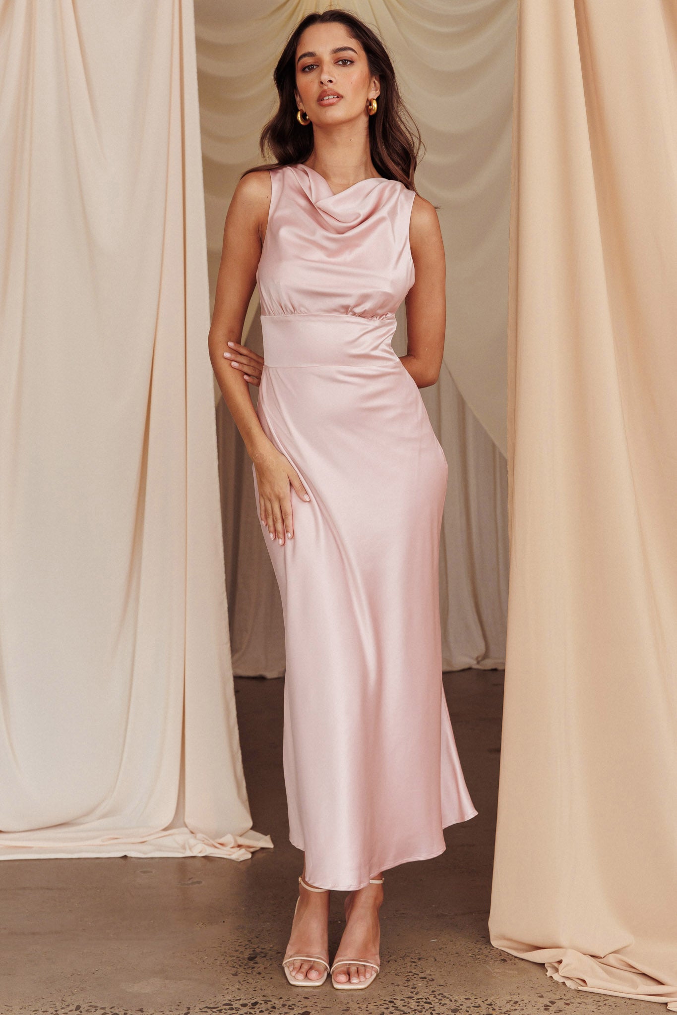Fluttering Hearts Cowl Neck Sleeveless Midi Dress Blush-Maymioy