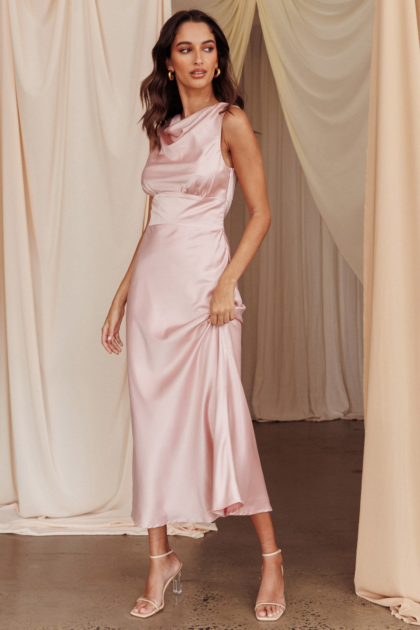 Fluttering Hearts Cowl Neck Sleeveless Midi Dress Blush-Maymioy