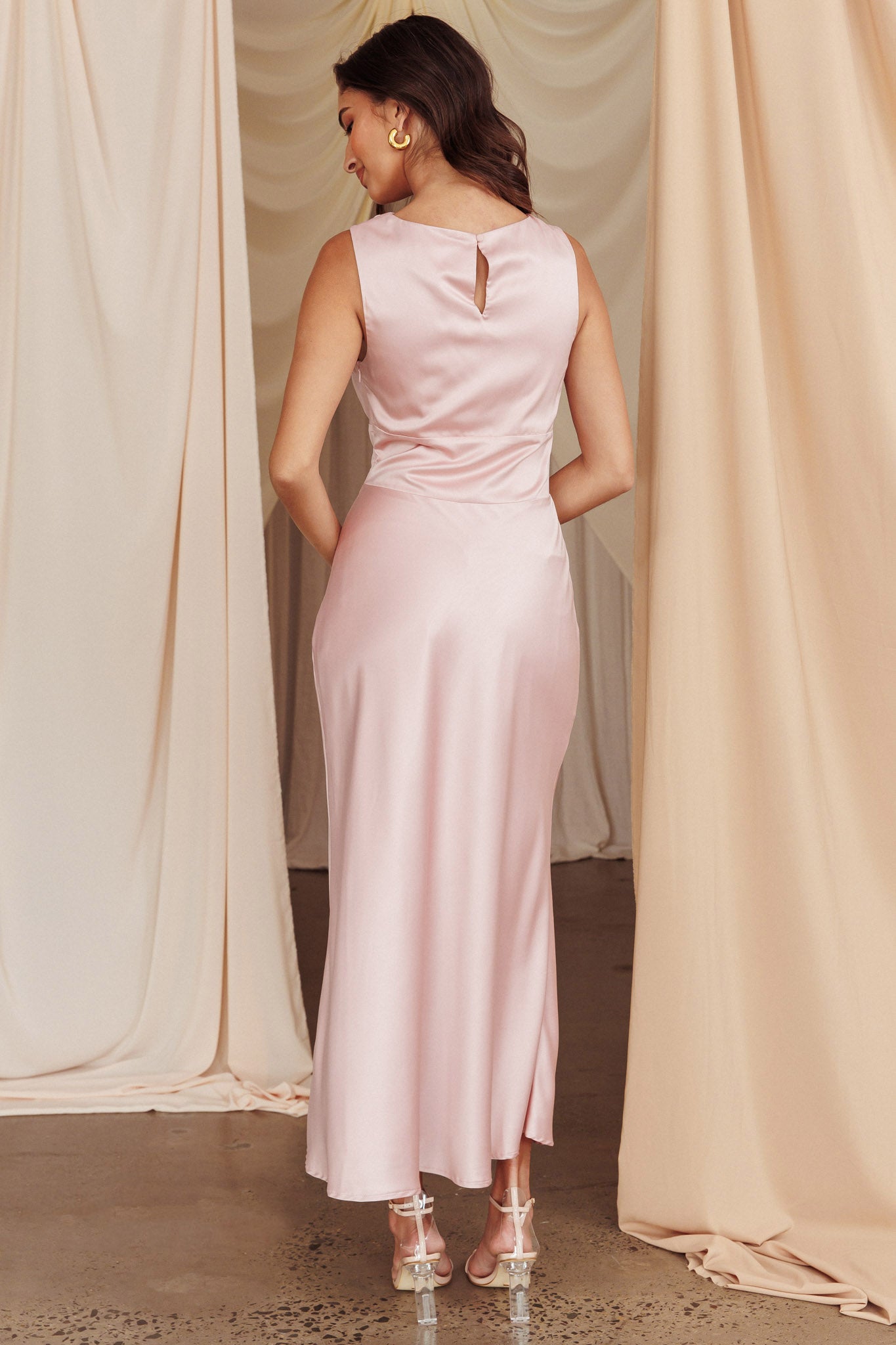 Fluttering Hearts Cowl Neck Sleeveless Midi Dress Blush-Maymioy