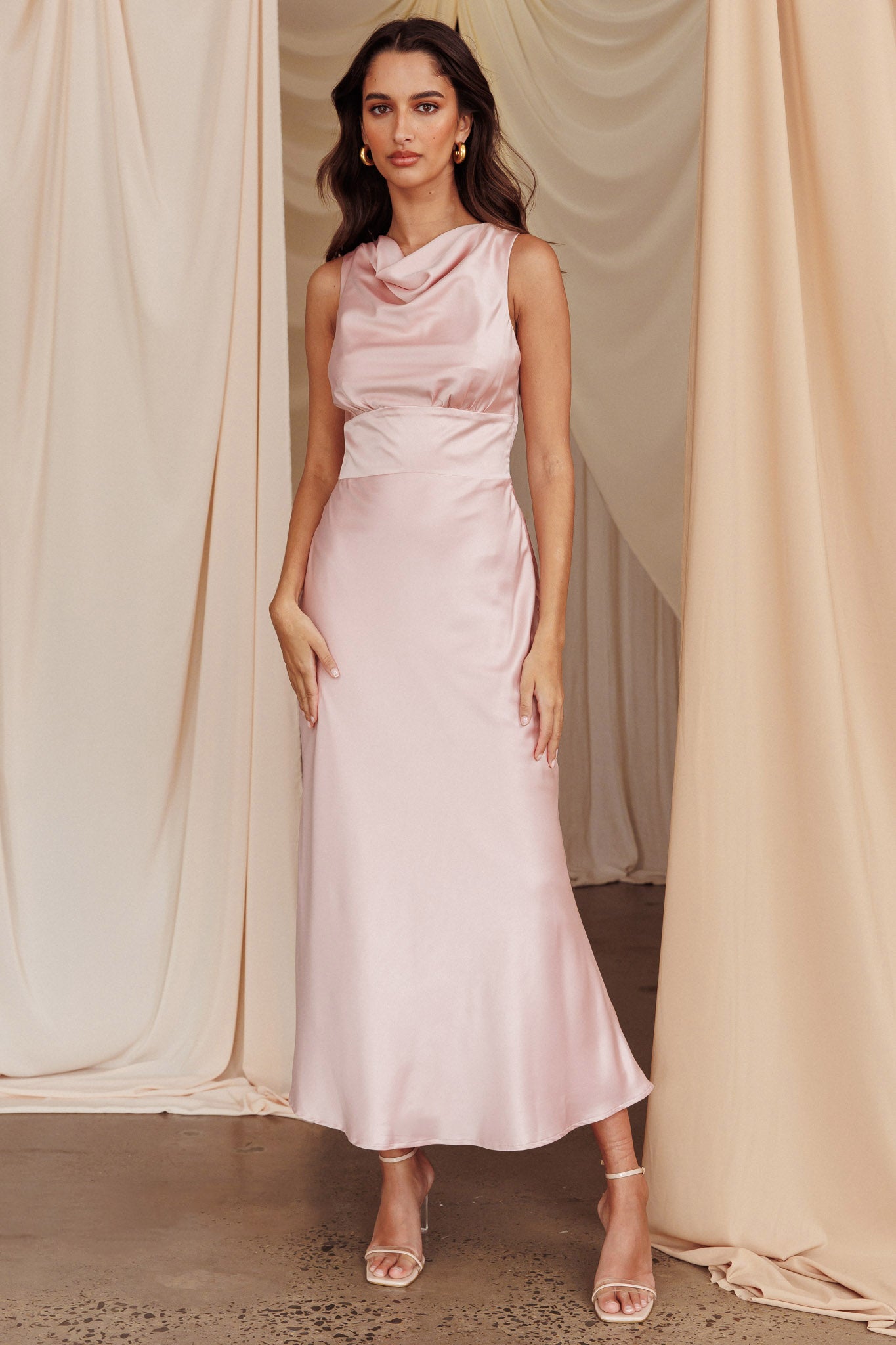 Fluttering Hearts Cowl Neck Sleeveless Midi Dress Blush-Maymioy