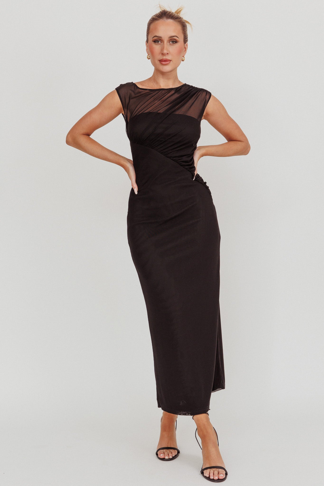 Passion Mesh Sleeveless Maxi Dress Black-Maymioy