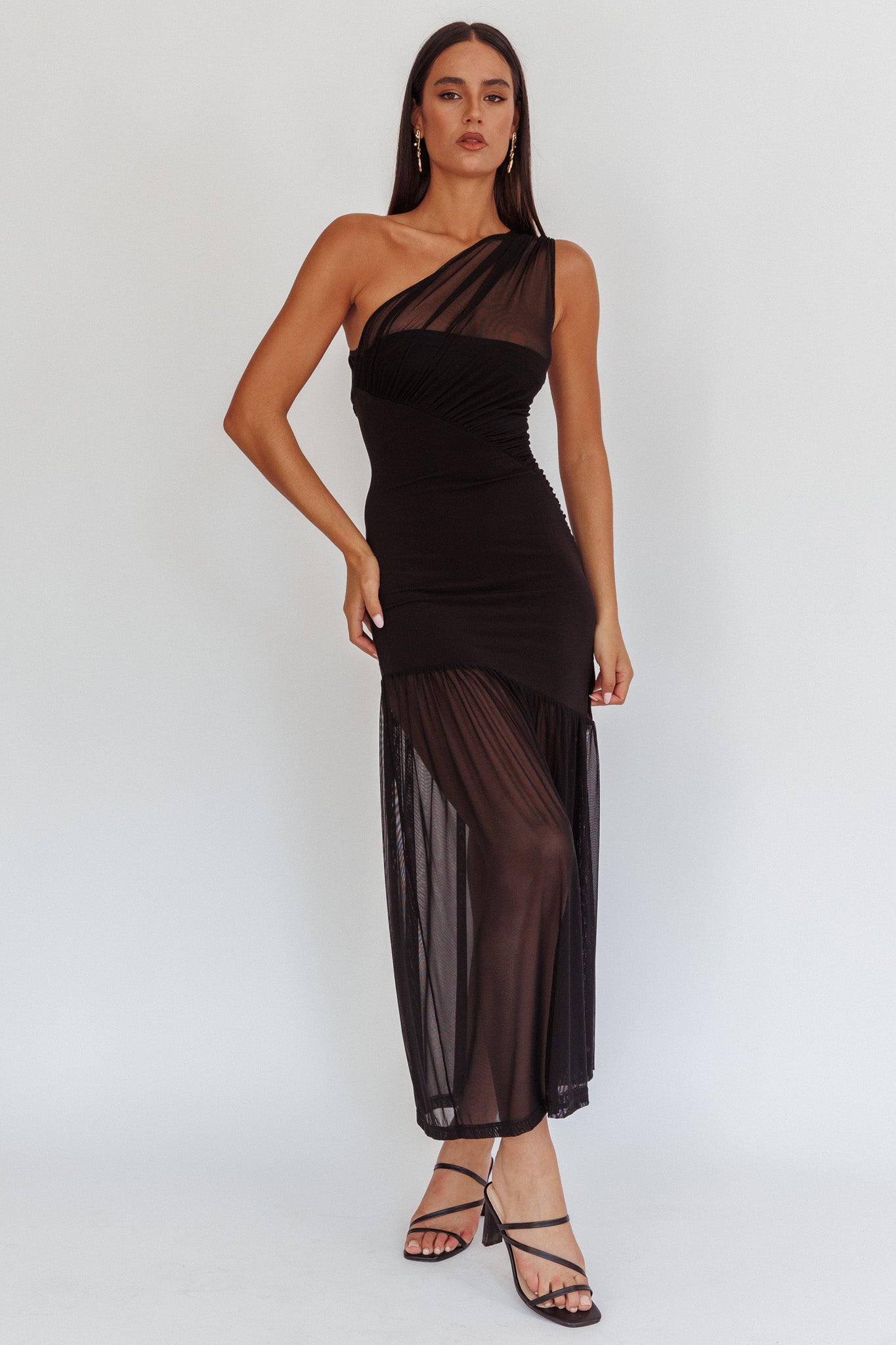 Passion One-Shoulder Mesh Maxi Dress Black-Maymioy