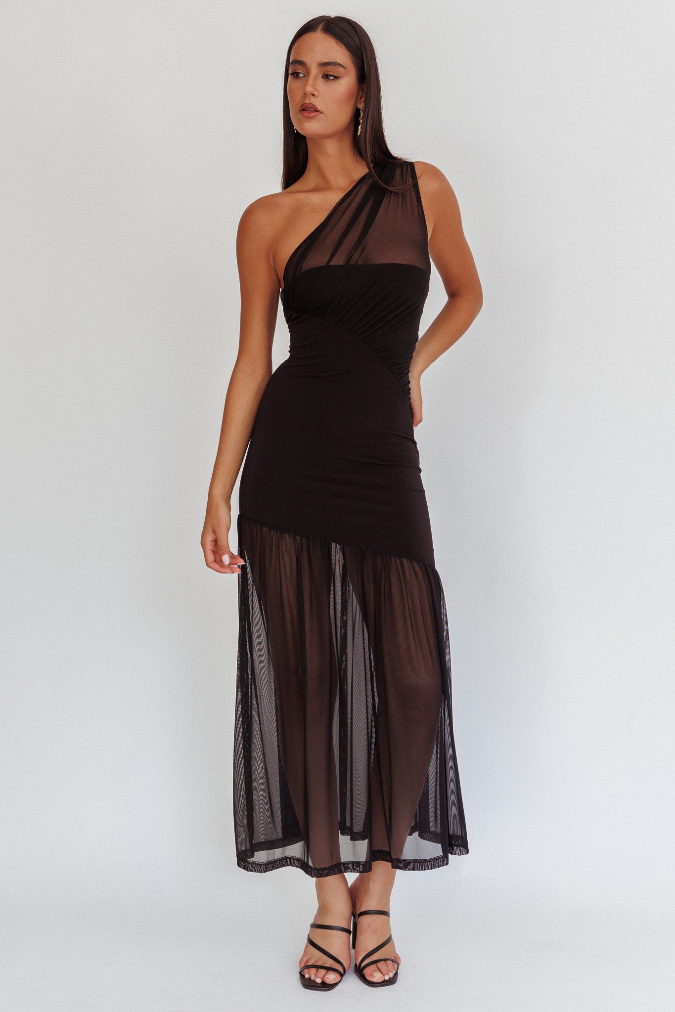 Passion One-Shoulder Mesh Maxi Dress Black-Maymioy