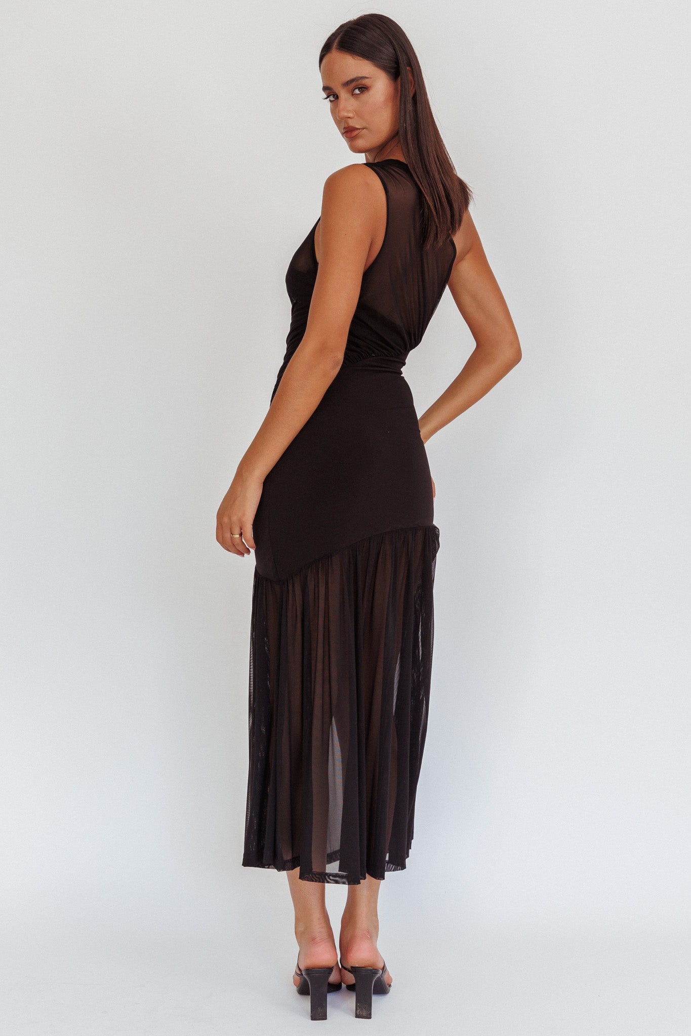 Passion One-Shoulder Mesh Maxi Dress Black-Maymioy