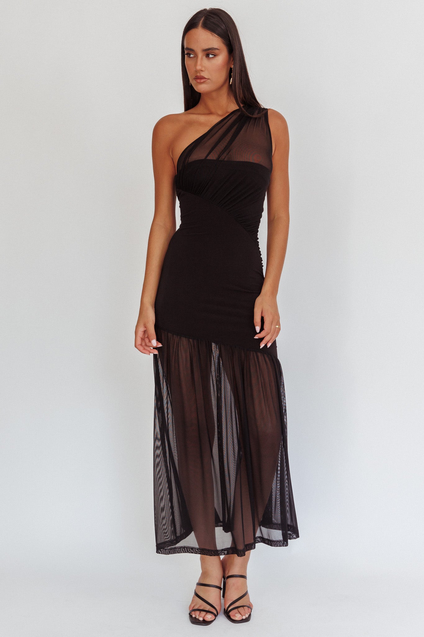 Passion One-Shoulder Mesh Maxi Dress Black-Maymioy