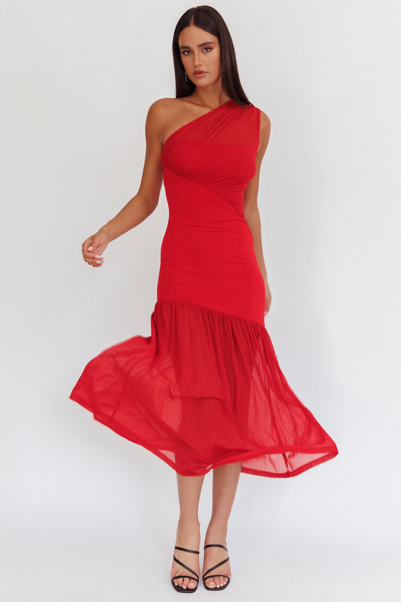 Passion One-Shoulder Mesh Maxi Dress Red-Maymioy