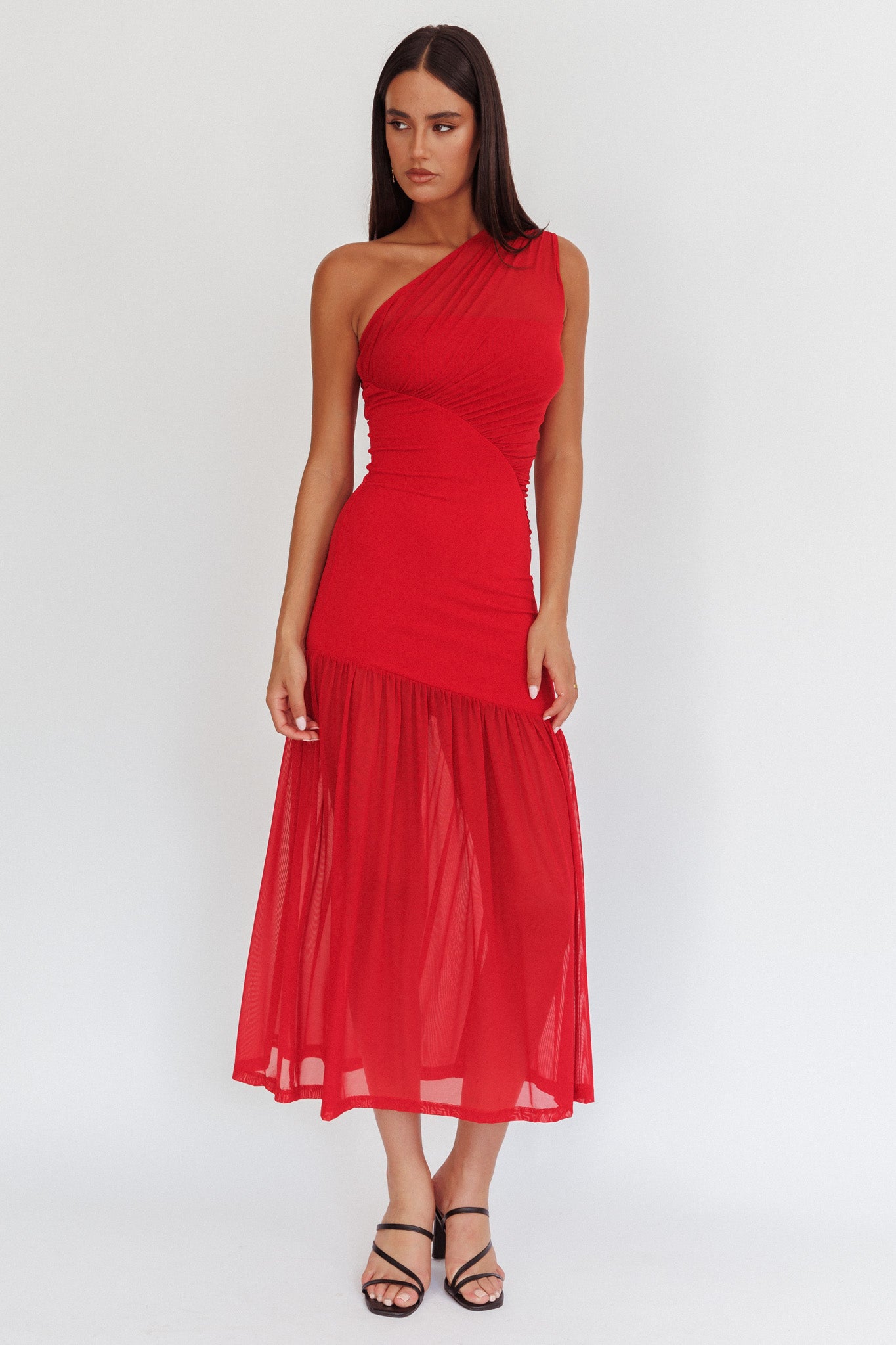 Passion One-Shoulder Mesh Maxi Dress Red-Maymioy