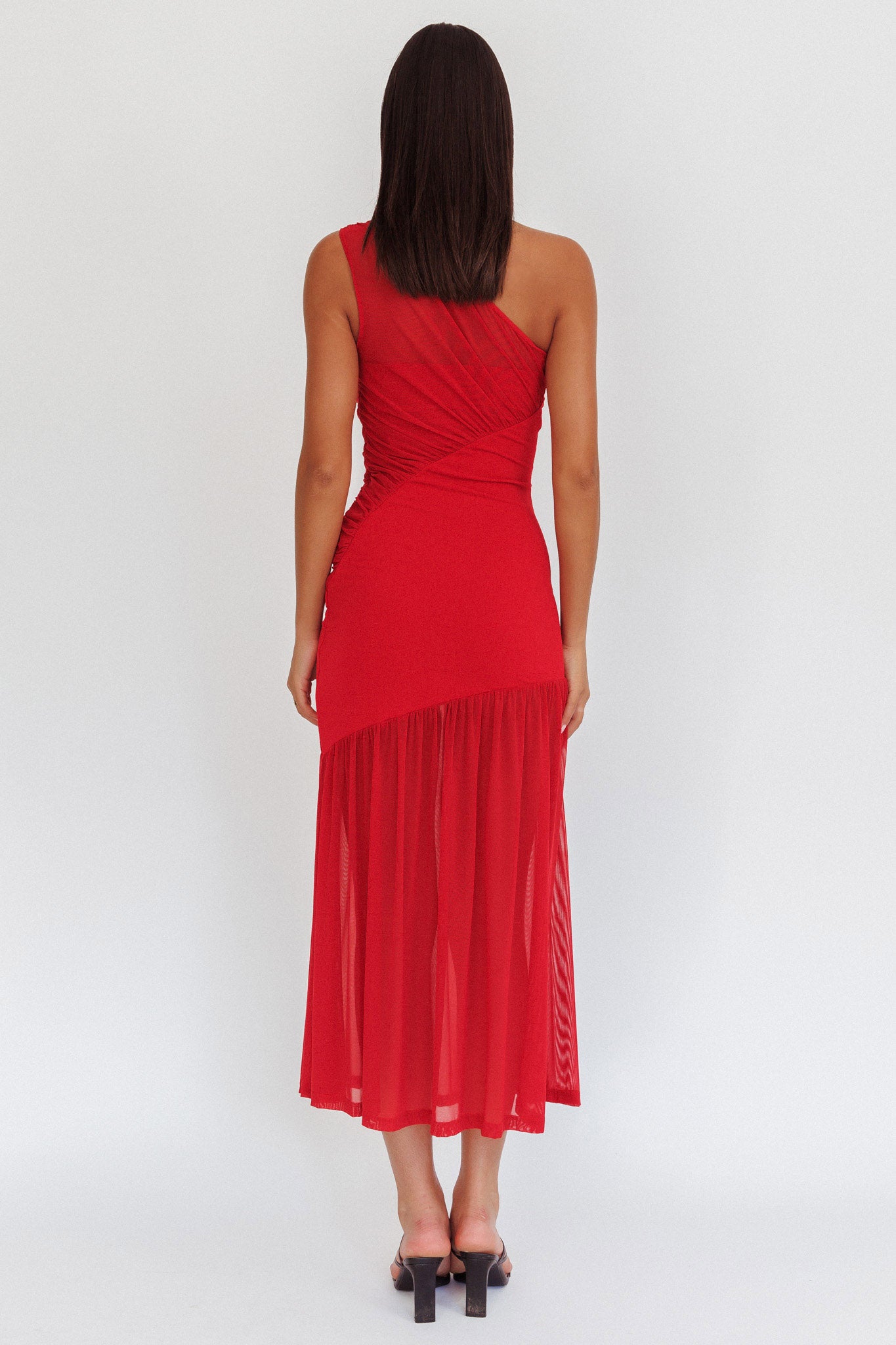 Passion One-Shoulder Mesh Maxi Dress Red-Maymioy