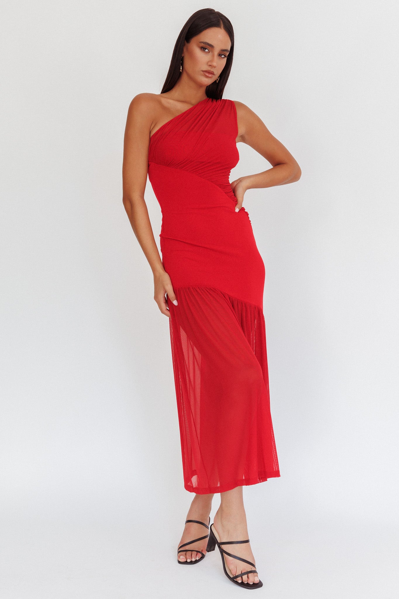 Passion One-Shoulder Mesh Maxi Dress Red-Maymioy