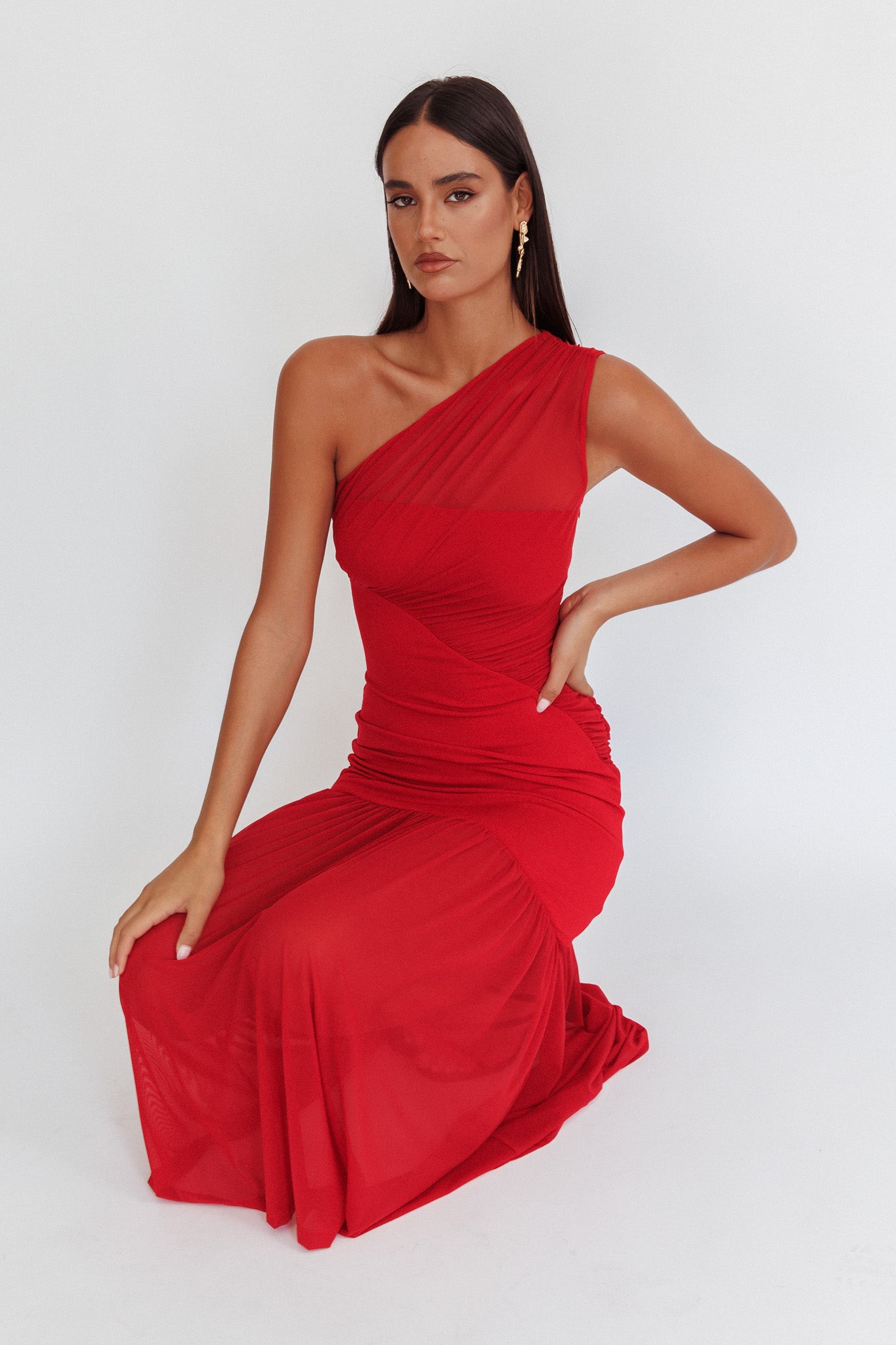 Passion One-Shoulder Mesh Maxi Dress Red-Maymioy