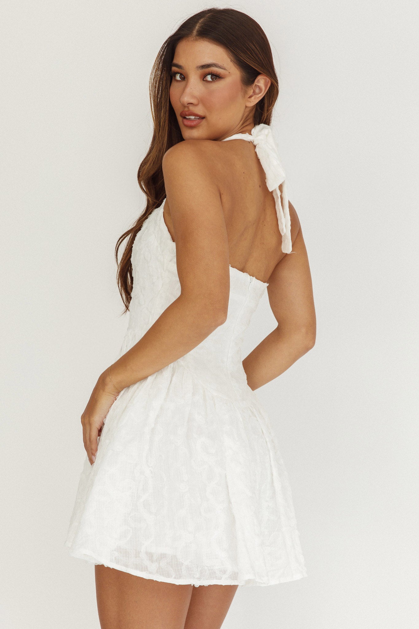Rune Halterneck Mini Dress Applique White-Maymioy