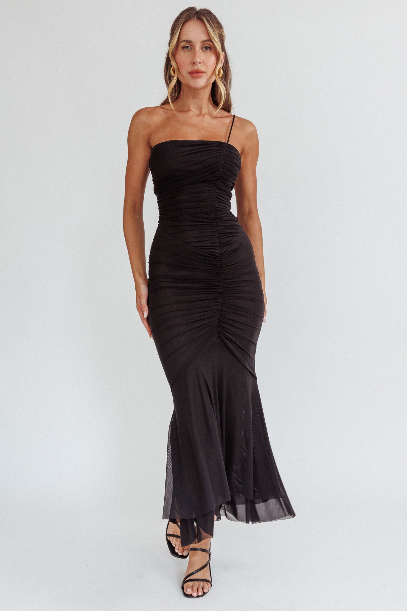 By Chance One Strap Ruched Maxi Dress Black-Maymioy